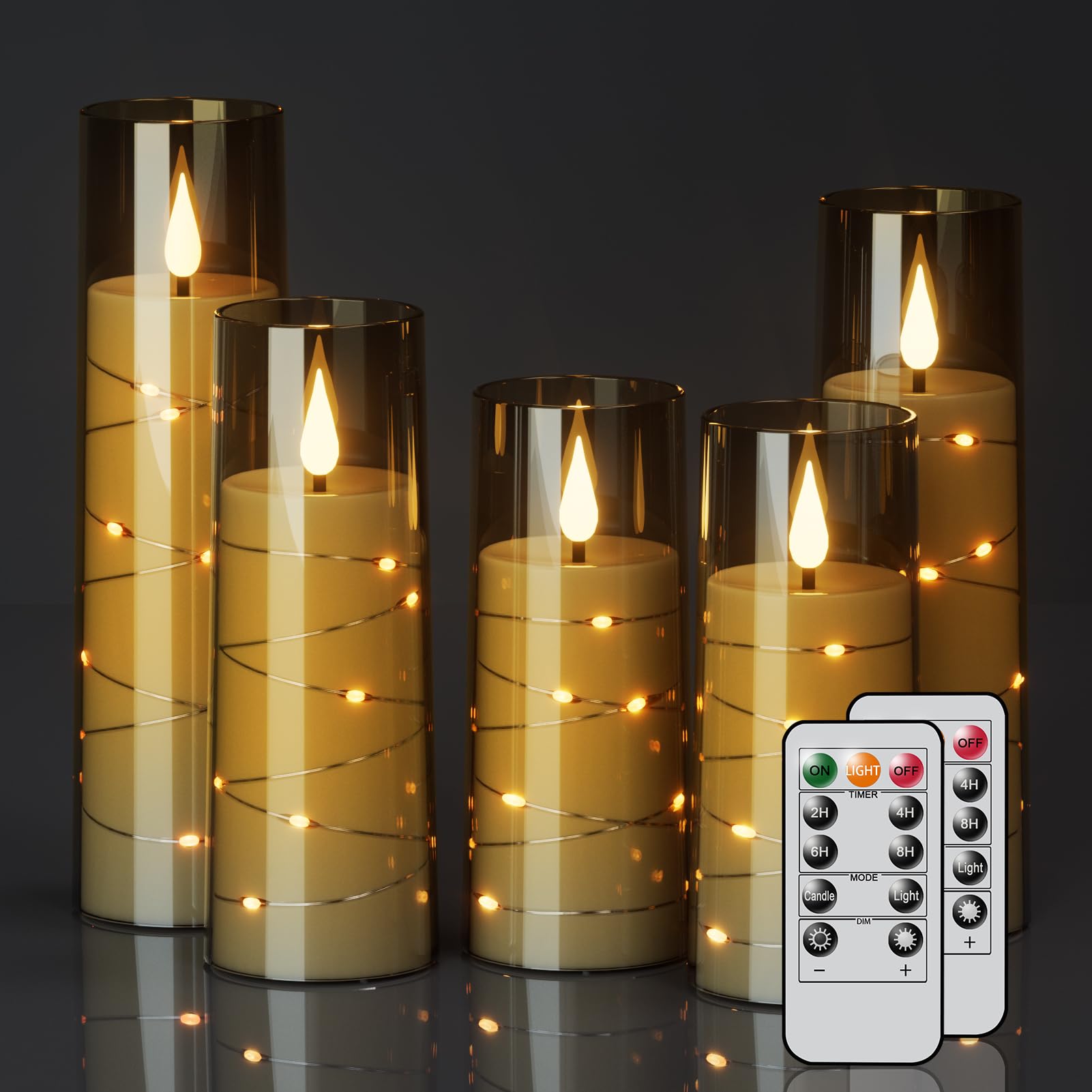 Genswin Flickering Flameless Candles With Remote Timer, 5 Pack Battery Operated Candles With Embedded Star String, Black Led Bat