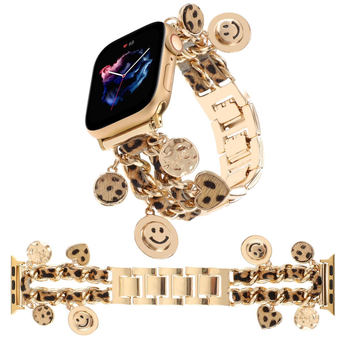 Realsign Stylish Metal Wristband Compatible With Apple Watch Band 42 44 45 46 49Mm,Cuban Chain Band Leopard Love Smile Face Pend