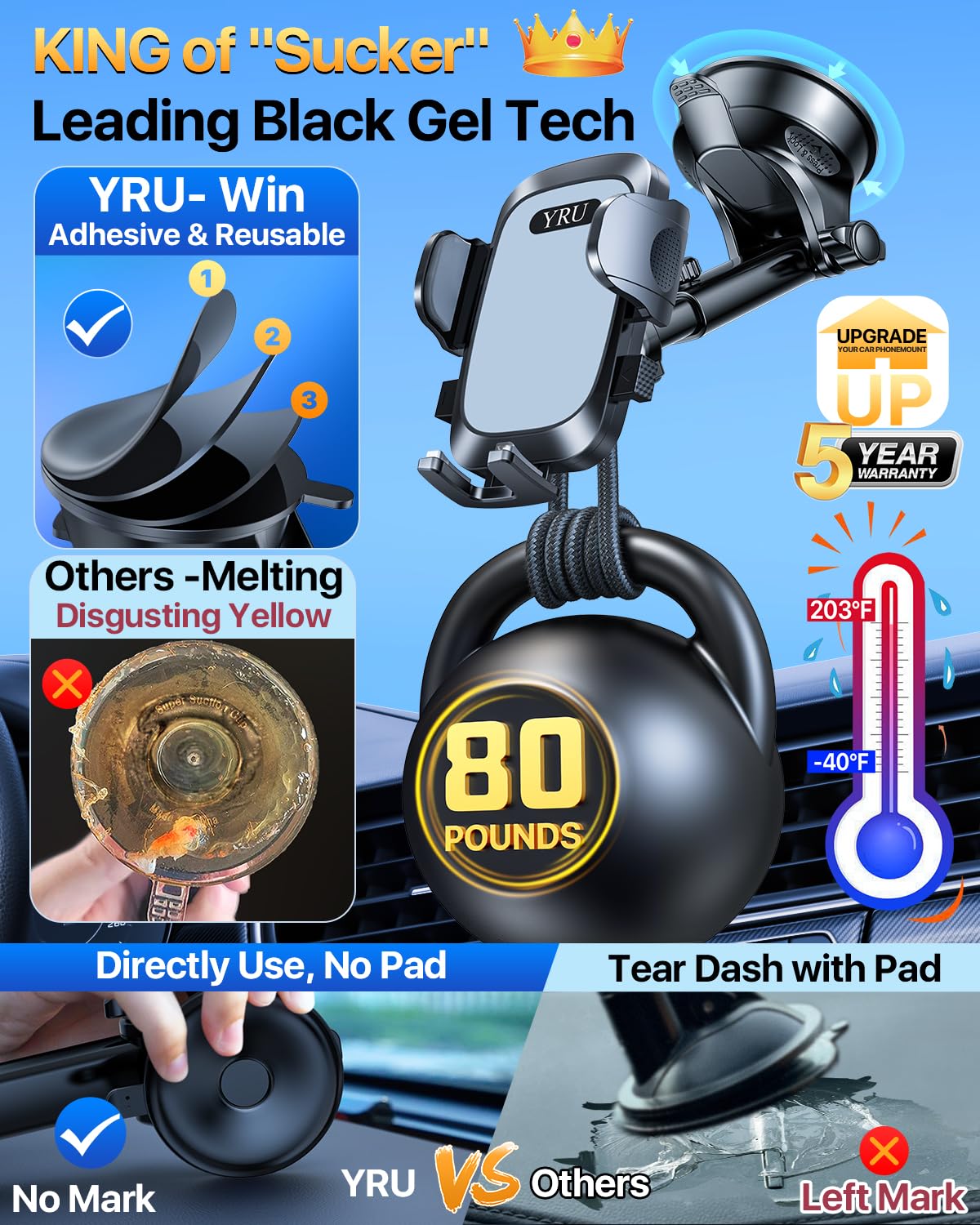 Yru [2024 Upgrade 80Lbs Strong Suction] Car Phone Holder Mount,[Bumpy Road Stable] Dashboard Cell Phone Holder For Car Air Vent Windshield Phone Stand For Iphone 15 14 13 Pro Max Samsung Truck, Grey