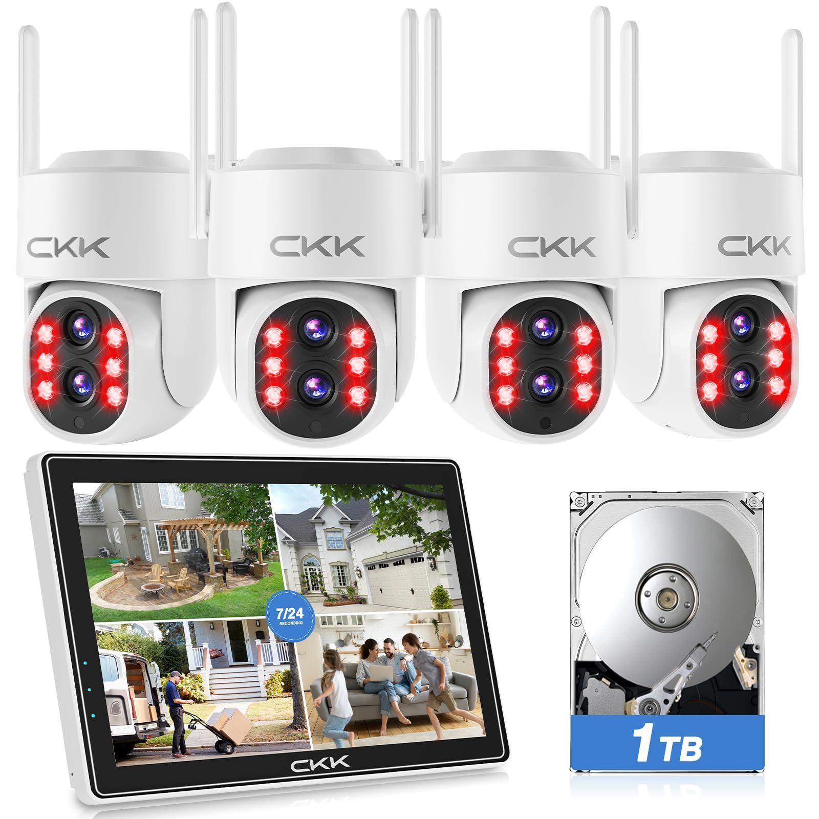 ?Dual Wi Fi,2Mp+2Mp Dual Lens? 2K Security Camera System With Dual Lens Outdoor, With 10'' Lcd Monitor, 4 Pcs Dual Band Wifi Ptz