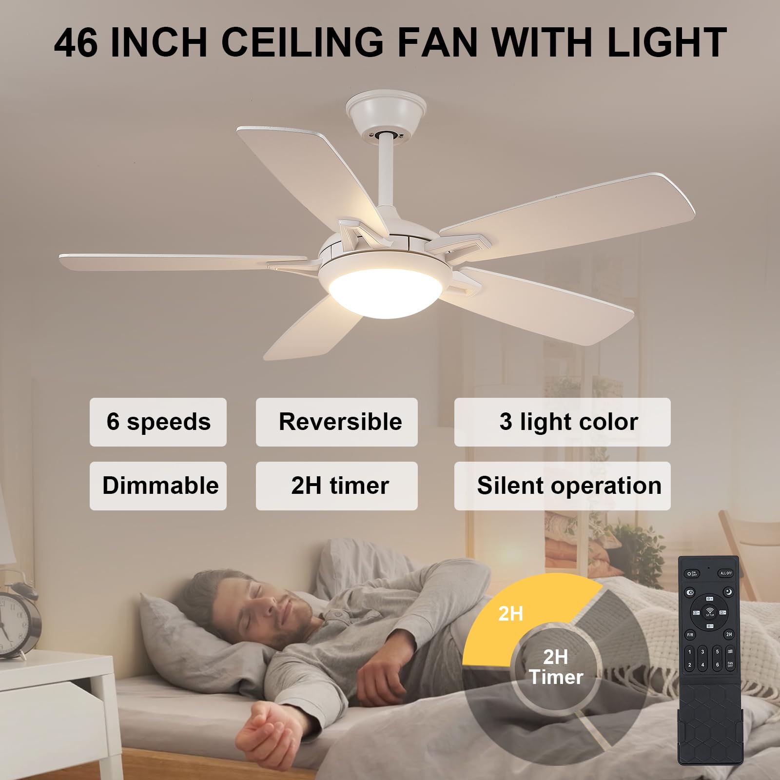 Kviflon Ceiling Fans With Lights And Remote, 46 Inch Modern Ceiling Fan With Light, White Ceiling Fans For Bedroom Living Room I