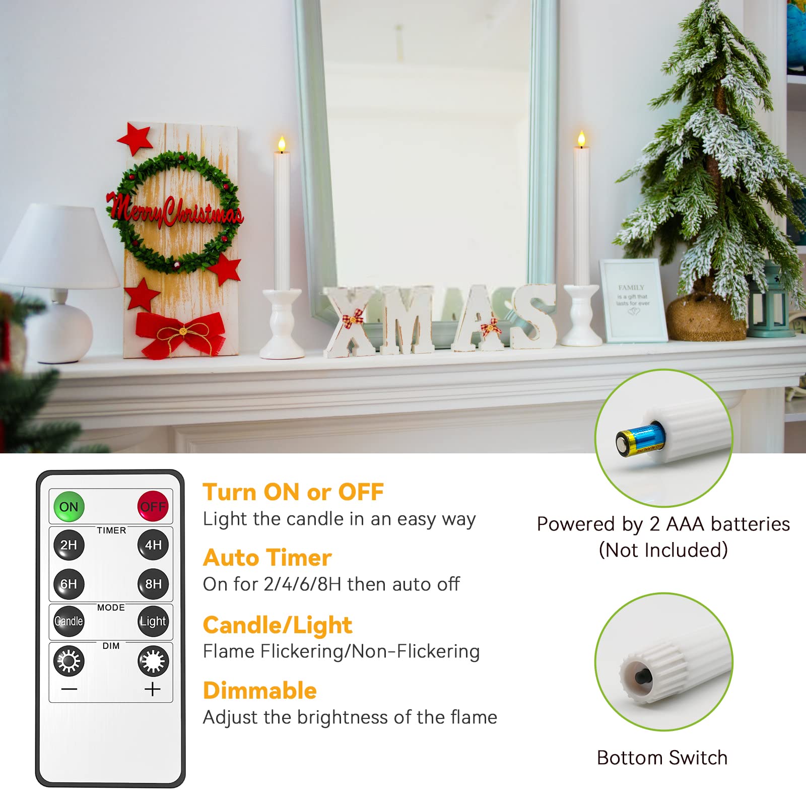 Pchero White Flameless Taper Candles With Remote And Timer, 4 Packs 9.6'' Real Wax Battery Operated Led Candle Stick Flickering