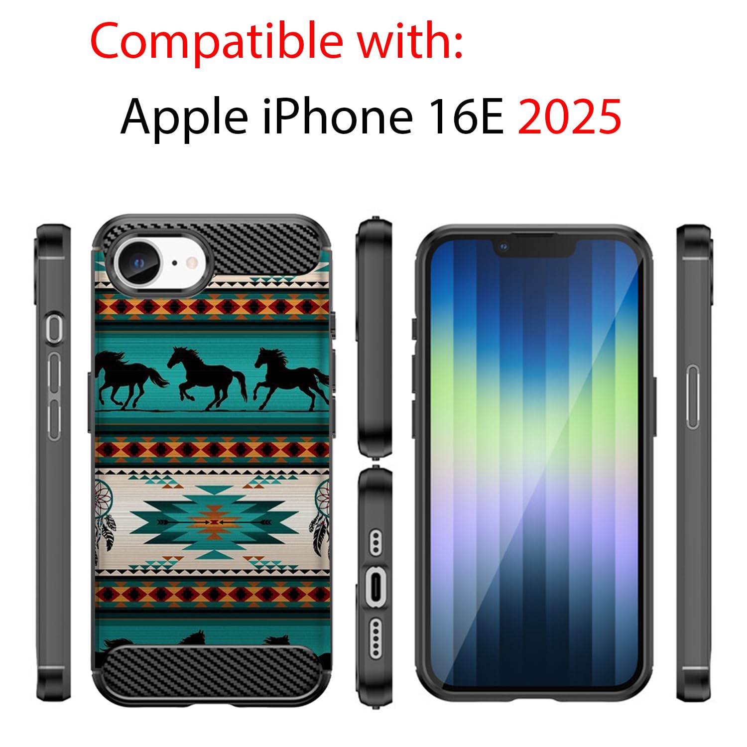 Casesondeck Case Compatible With [Apple Iphone 16E Case] Tribal Floral Matte Tpu Flexible Carbon Fiber Textured (Horse Tribal)