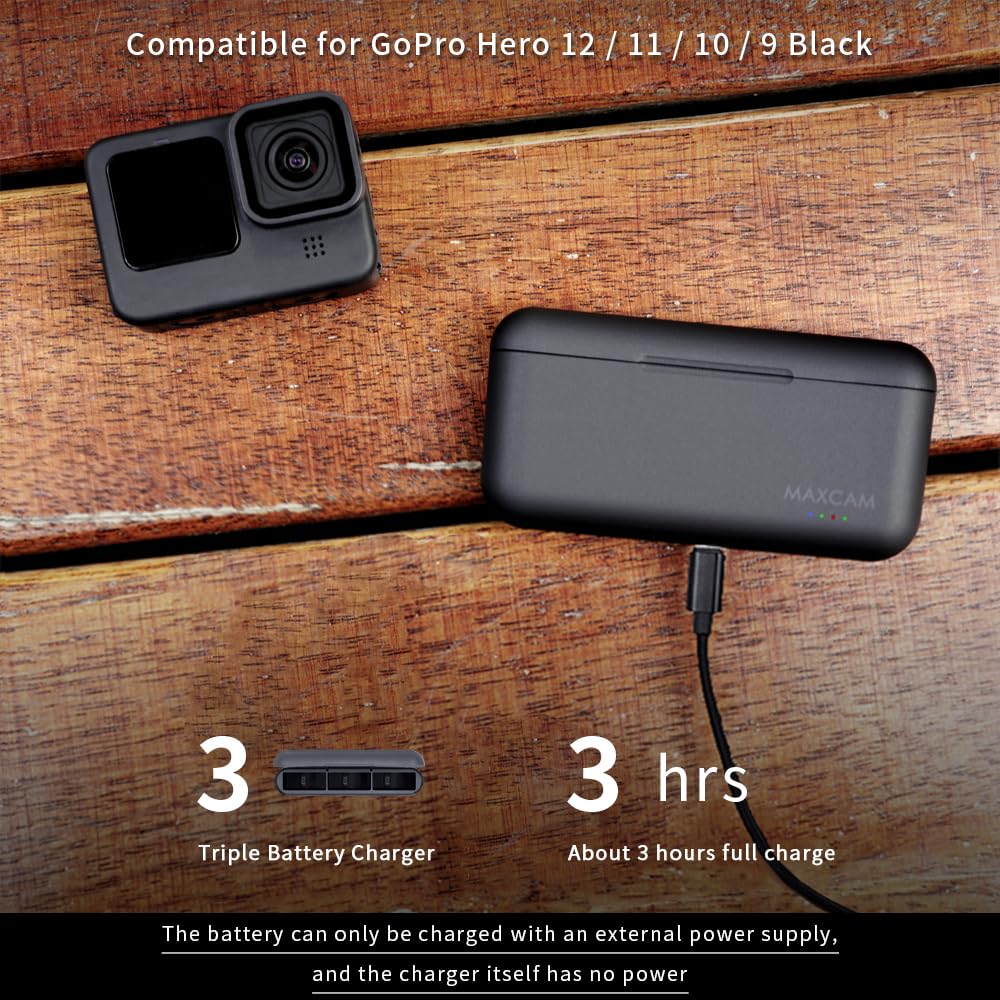 Maxcam Power Triple Battery Charger For Gopro Hero12/Hero11/Hero10/Hero9 Enduro Battery Black