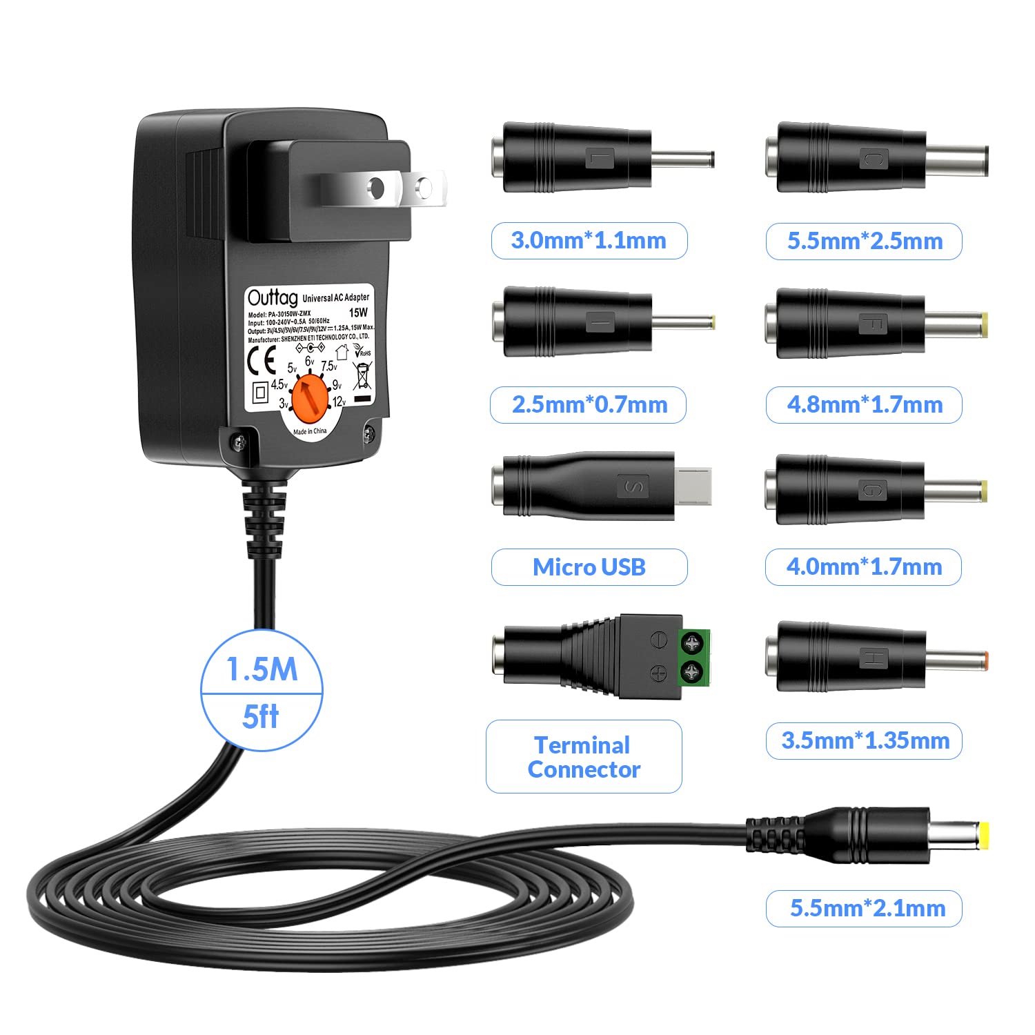15W Universal Ac Adapter 3V 4.5V 5V 6V 7.5V 9V 12V 0.5A 1A 1.25A Max Multi Voltage Switching Power Supply Replacement For Househ