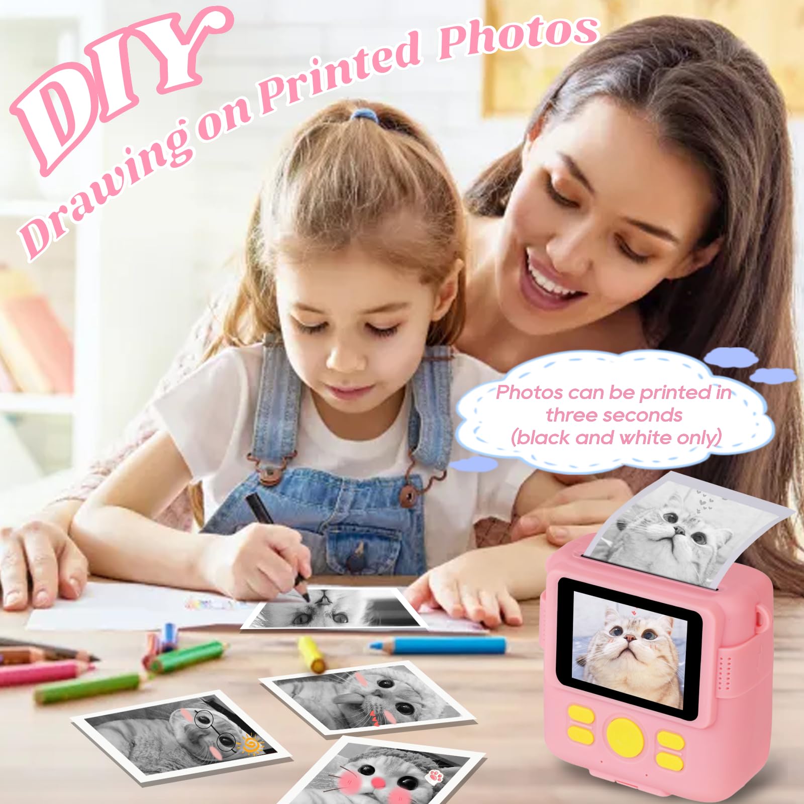 Instant Print Camera For Kids With 3 Rolls Of Printer Paper, 1080P Toddler Digital Camera Toys For Age 3 12 With 32Gb Sd Card, Christmas & Birthday Gifts For 3 4 5 6 7 8 Year Old Girls & Boys (Pink)