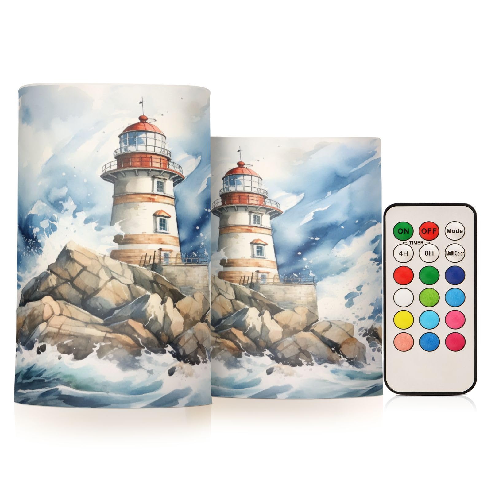 BOENLE Flickering Flameless Candles, Lighthouse Ocean LED Candles with Remote Timer, Set of 2 Battery Operated Candle for Valent