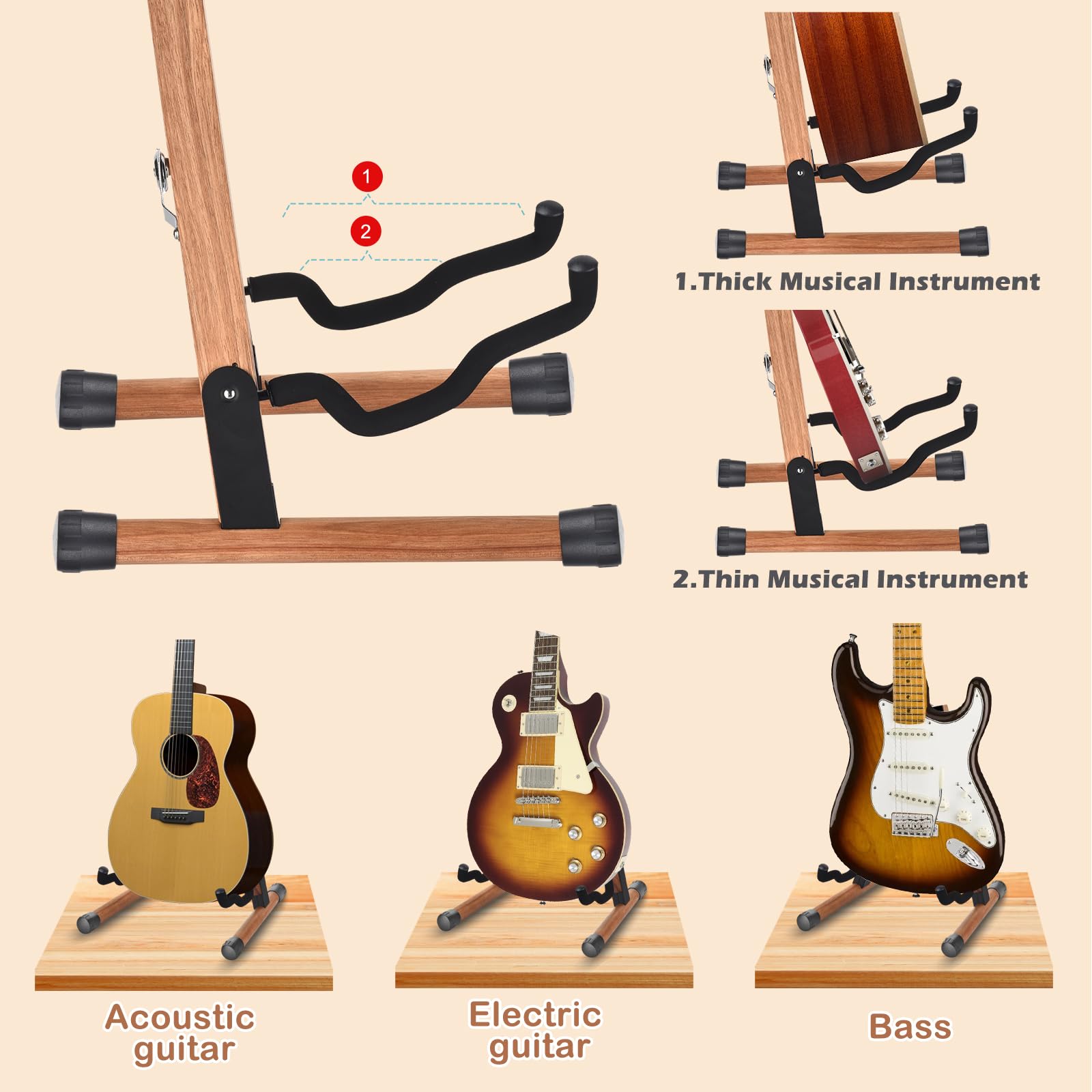 Dommi Guitar Stand, Folding Acoustic Guitar Stand With Soft Foam Arms, Wooden Guitar Stands Floor For Acoustic, Bass, Electric G