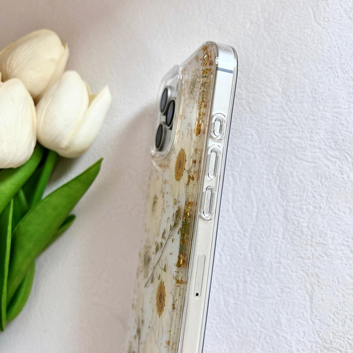 Lseeka For Iphone 16 Pro Clear Case With Pressed Real Flowers Design,Glitter Cute White Floral Pattern Slim Soft Tpu Protective