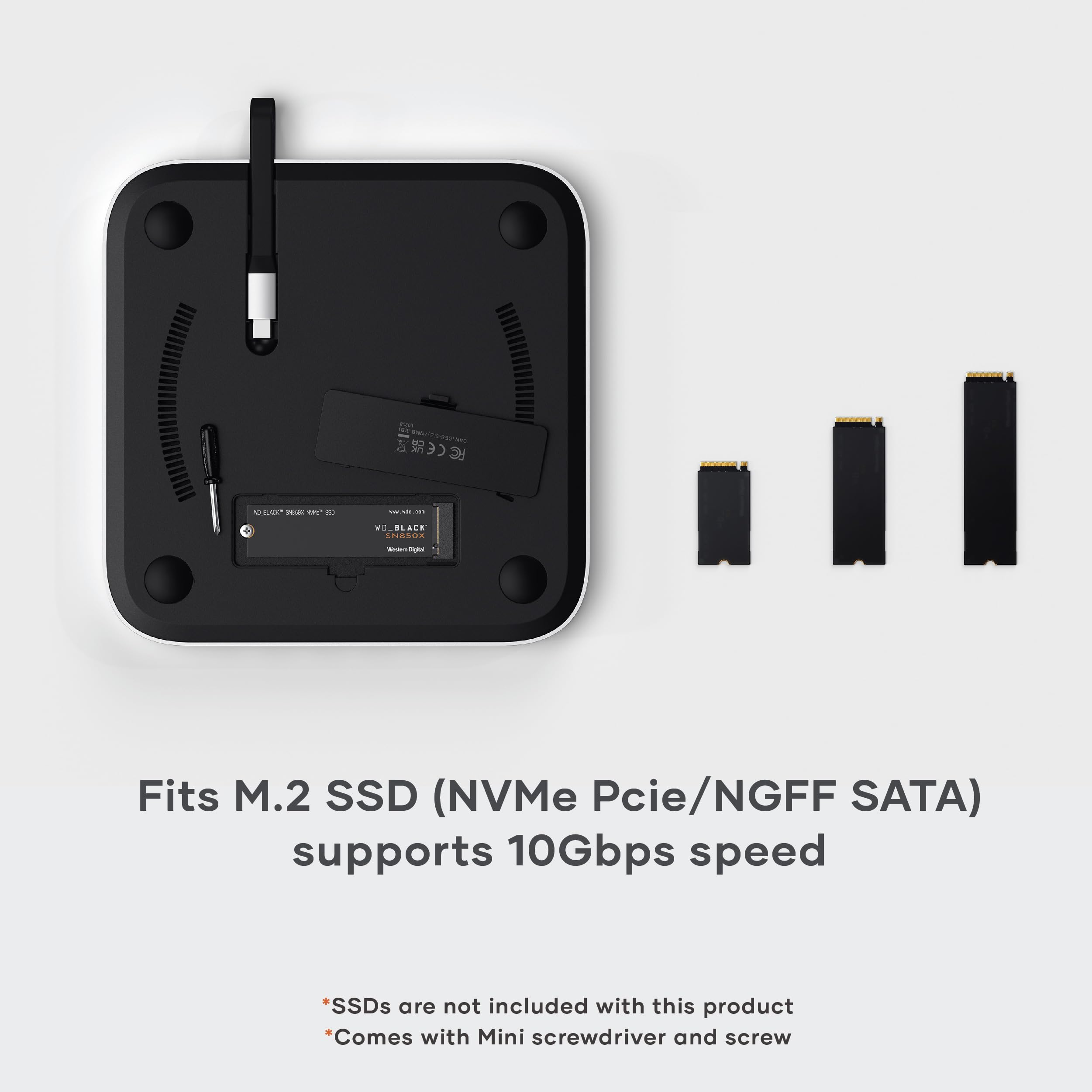 Satechi Mac Mini Hub & Stand - SSD Enclosure, USB C 10Gbps, 3 USB A, Audio Jack - Silver, Model ST-GMMSHS