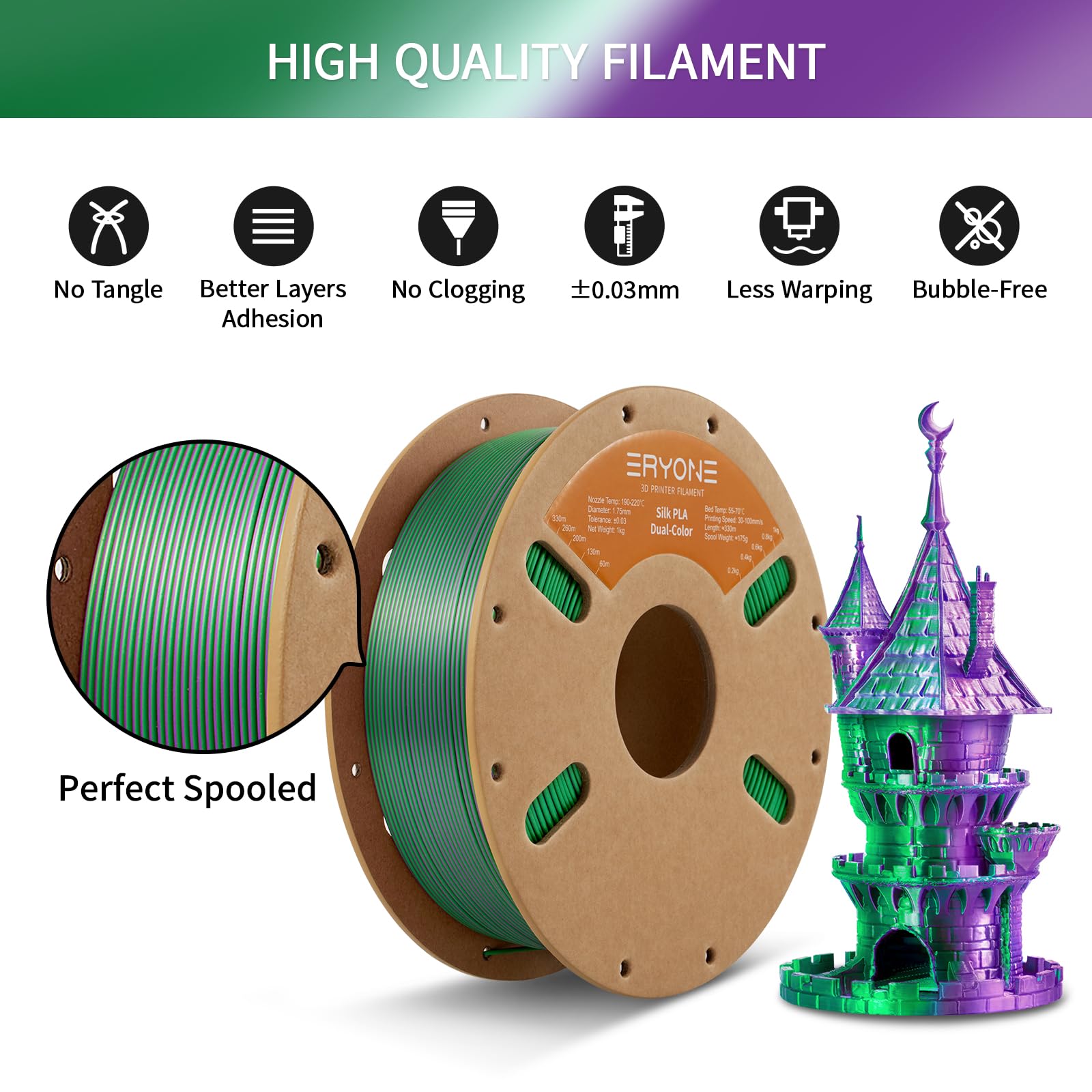Eryone Silk Dual Color Filament Pla 3D Printer 1.75Mm +/  0.03Mm, Coextrusion Filament Pla Shiny Filament 1Kg(2.2Lbs), Purple&Gr