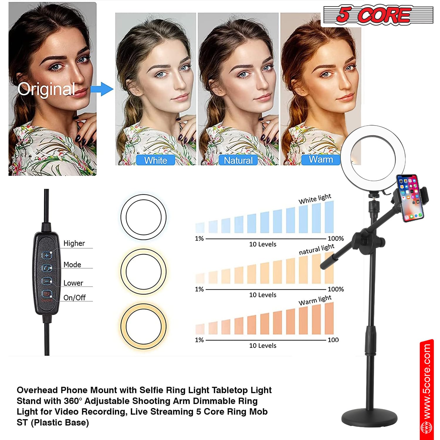 6'' Ring Light Overhead Phone Mount Led Circle Lights 360    Adjustable Shooting Arm Dimmable For Video Recording, Live Streamin