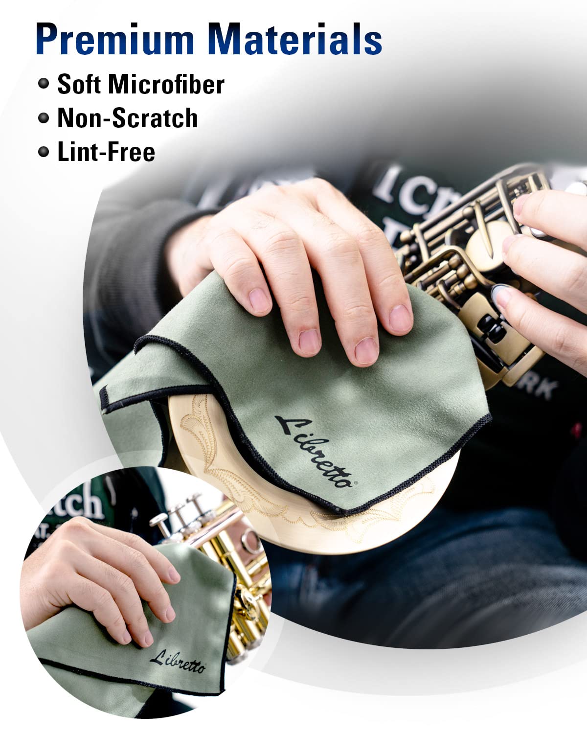 Libretto Microfiber Polish Cloth For Musical Instrument, 3 Sizes In 1 Pack, Trumpet And Brass Cleaning Product, Green, Lint Free