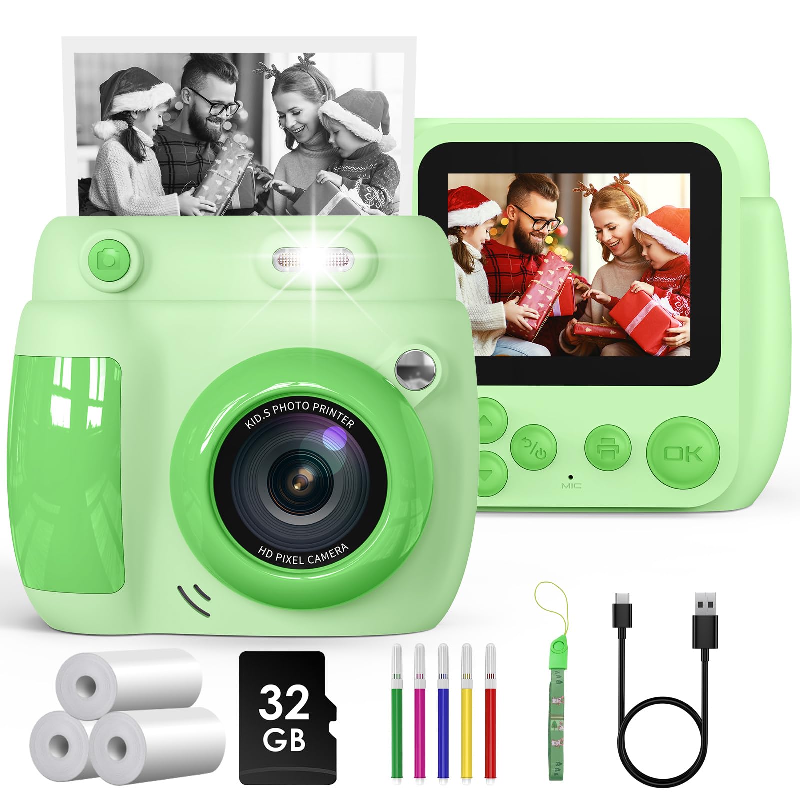 Kids Camera Instant Print, Birthday Gifts For Girls Boys With 3 Rolls Print Paper & 32Gb Card, 48Mp Toddler Digital Camera 1080P