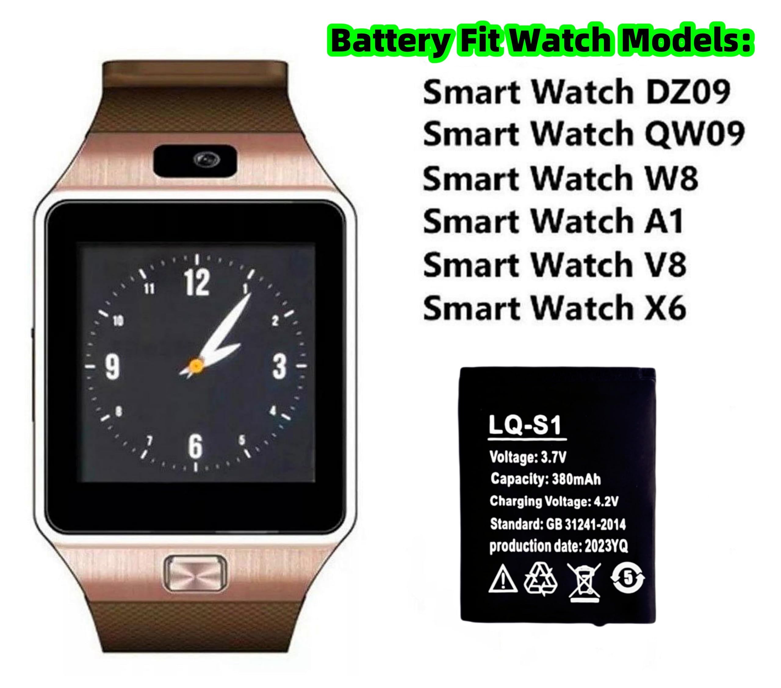 Rechargeable Li Ion Polymer Battery 380Mah 3.7V For Dz09 Smart Watch