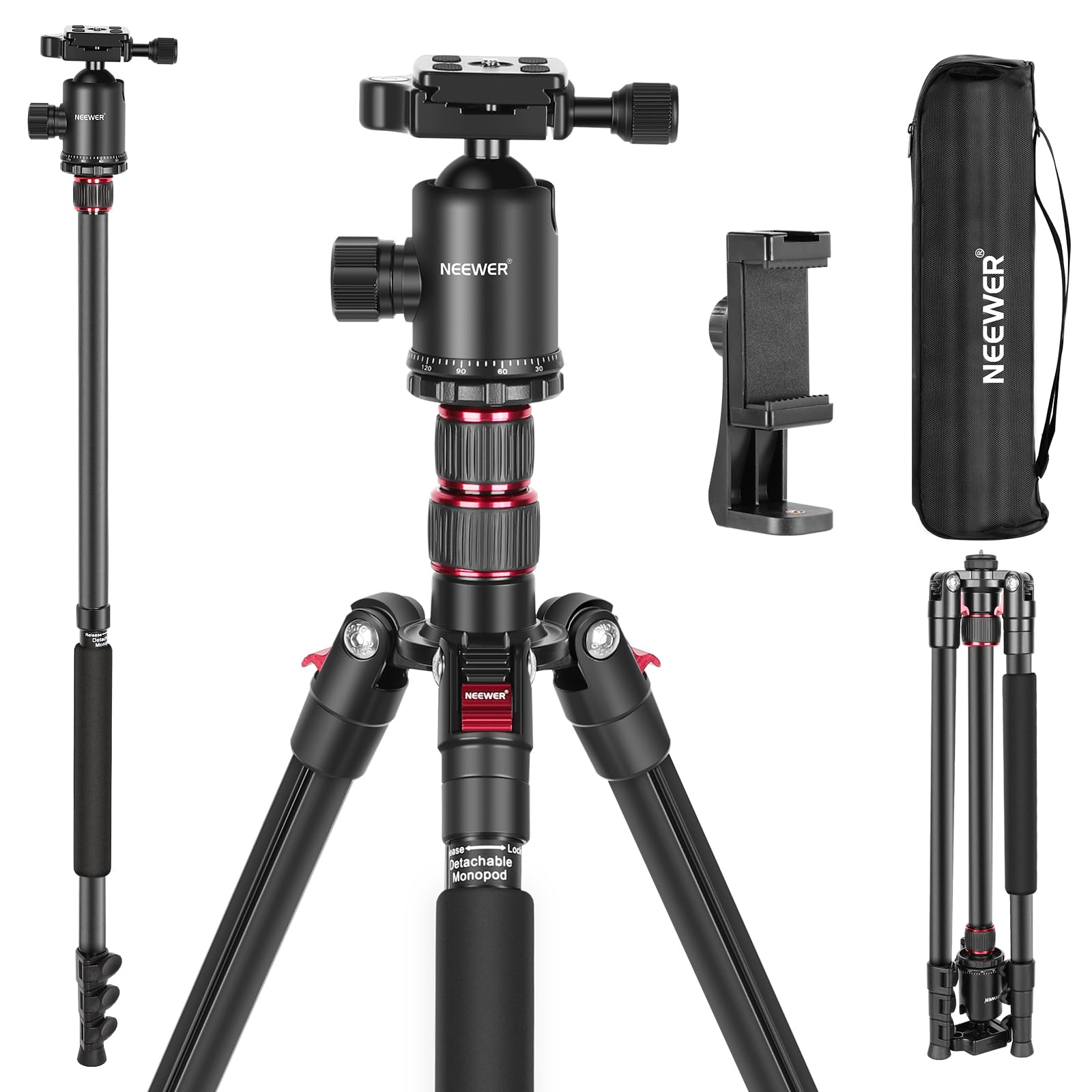 Neewer 77 Inch Camera Tripod Monopod For Dslr, Phone With 360 Panoramic Ball Head, 2 Axis Center Column, Arca Type Qr Plate, Com
