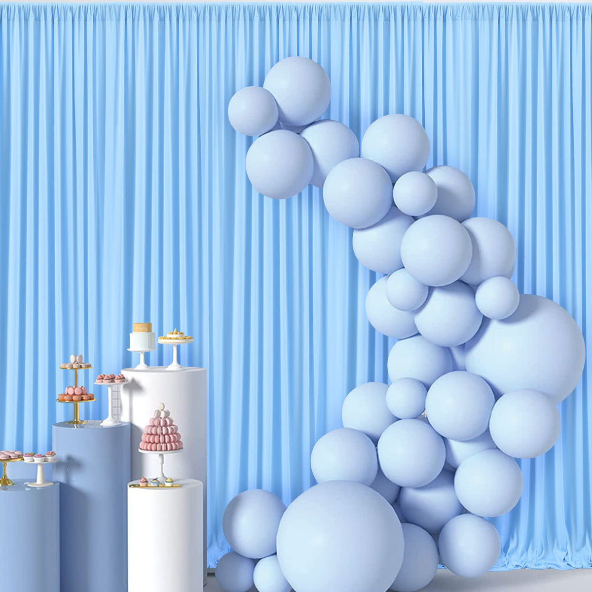 10 Ft X 10 Ft Wrinkle Free Baby Blue Backdrop Curtains For Baby Shower Parties, Polyester Light Blue Photo Backdrop Drapes For B