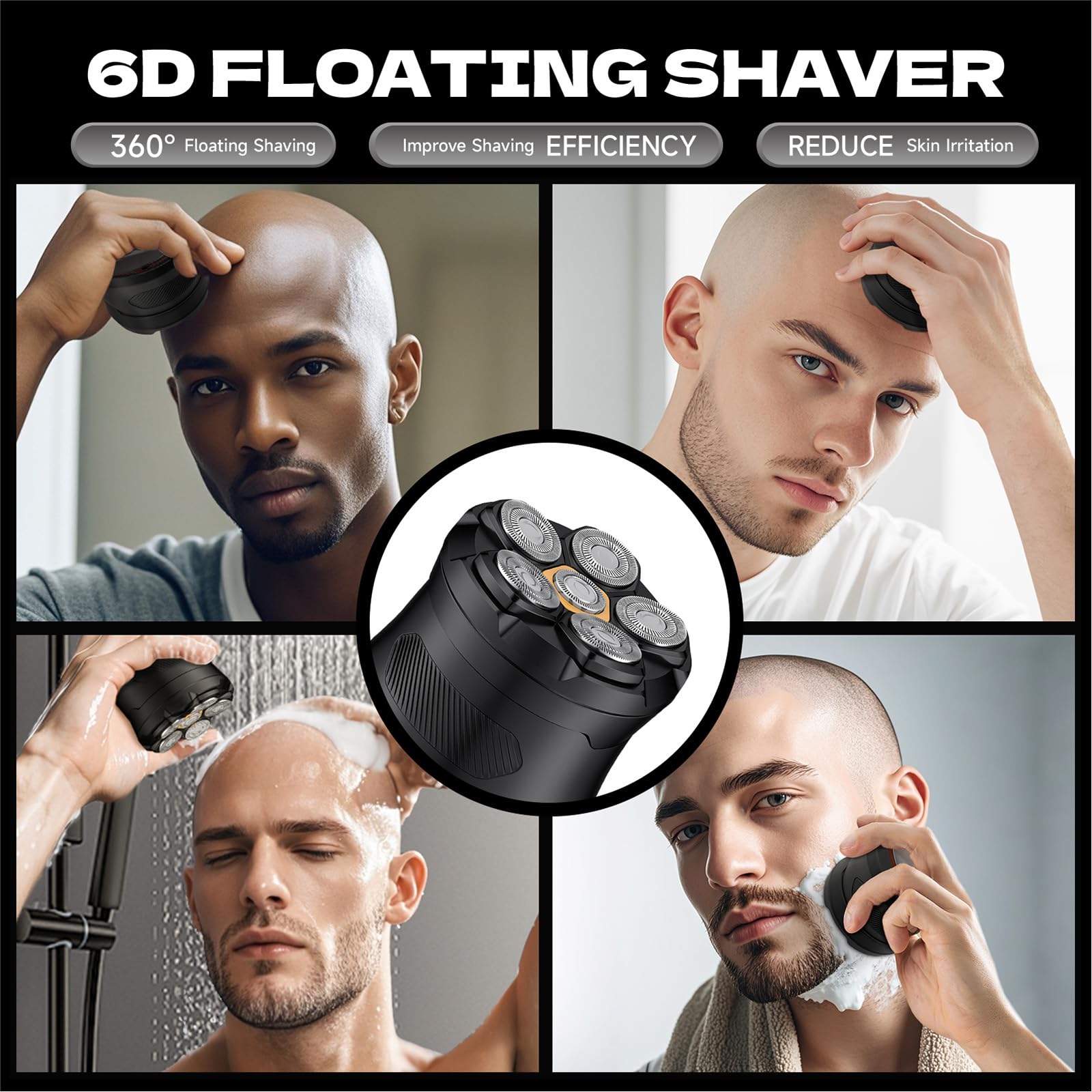Bald Head Shaver With 5 Rotary Blades, Black