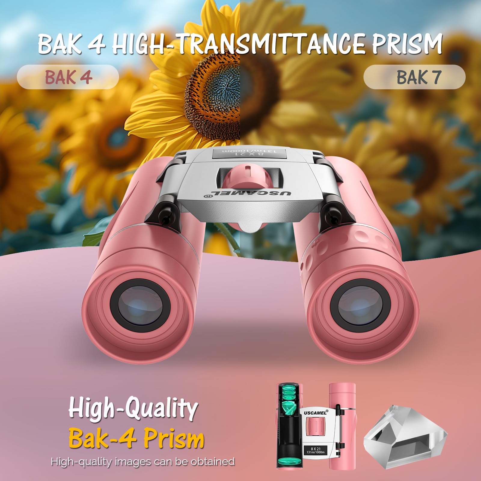 Uscamel Binoculars 8  21 Compact Binoculars Adults And Kids, Mini Travel Binocular For Bird Watching, Hunting, Travel (Pink)