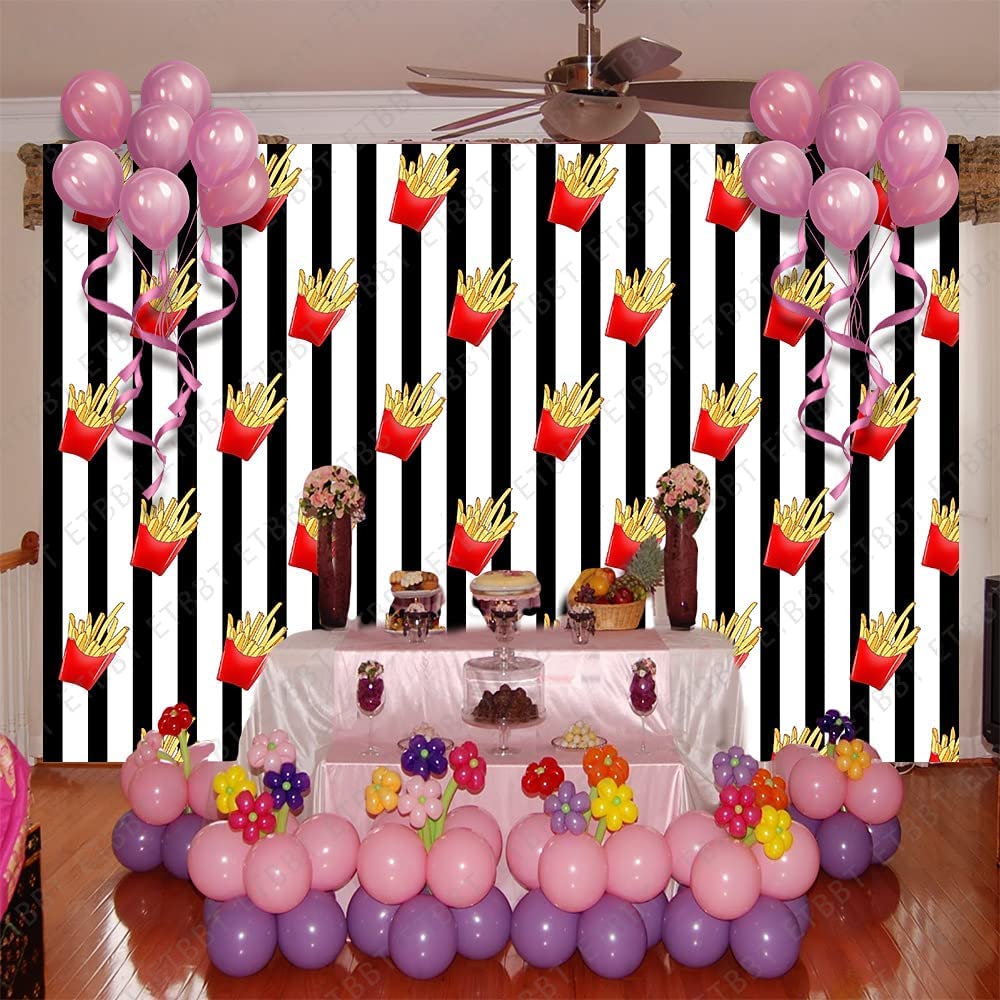 Emdspr French Fries Backdrop, 5X3Ft Vinyl, Funny Fried Junk Food Snack Picnic Party Photography Background Black And White Strip