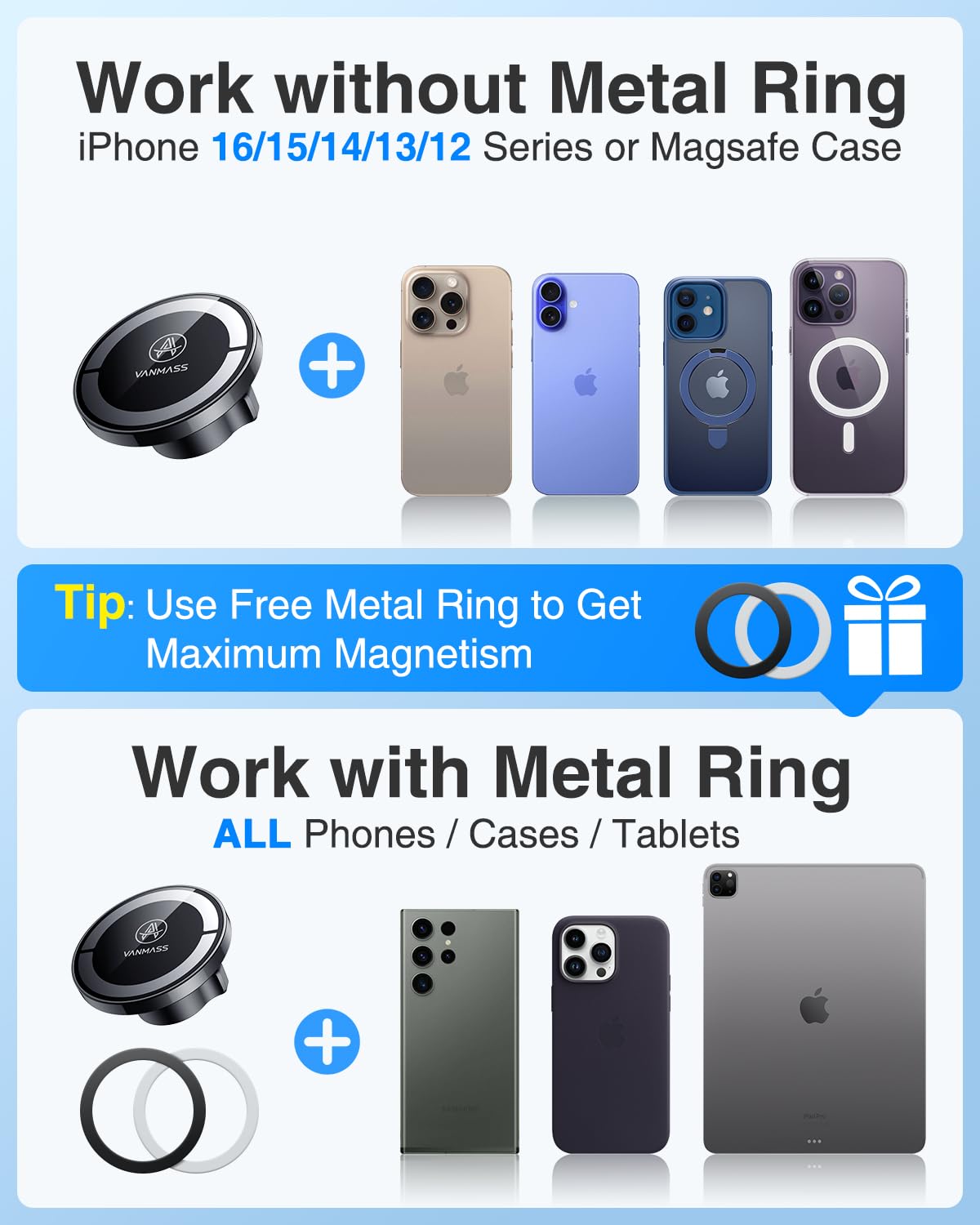 Vanmass For Magsafe Car Mount?2025 Upgraded Top Magnet & Clip Hook?Magnetic Cell Phone Holder For Vent, Universal Cellphone Stan