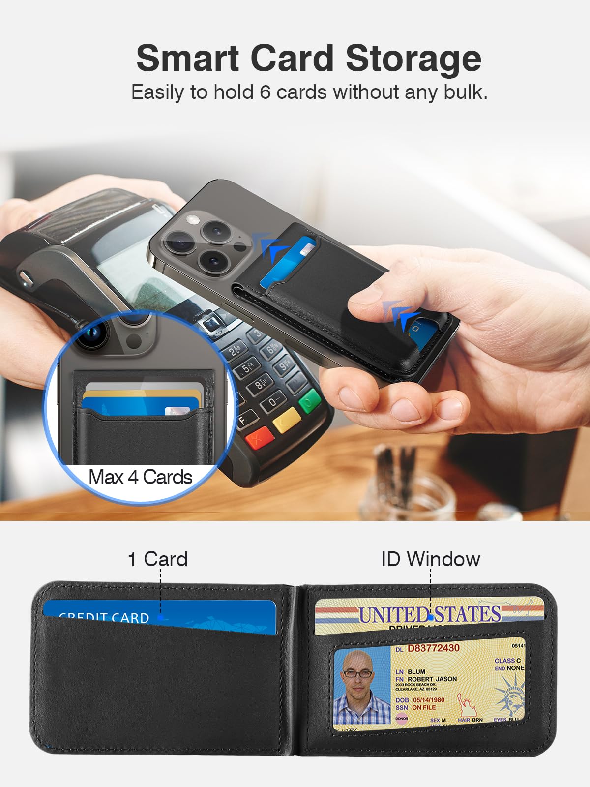 Topmade For Magsafe Wallet, Magnetic Card Holder With Adjustable Phone Stand, Open Id Window, Leather Magnetic Phone Wallet For