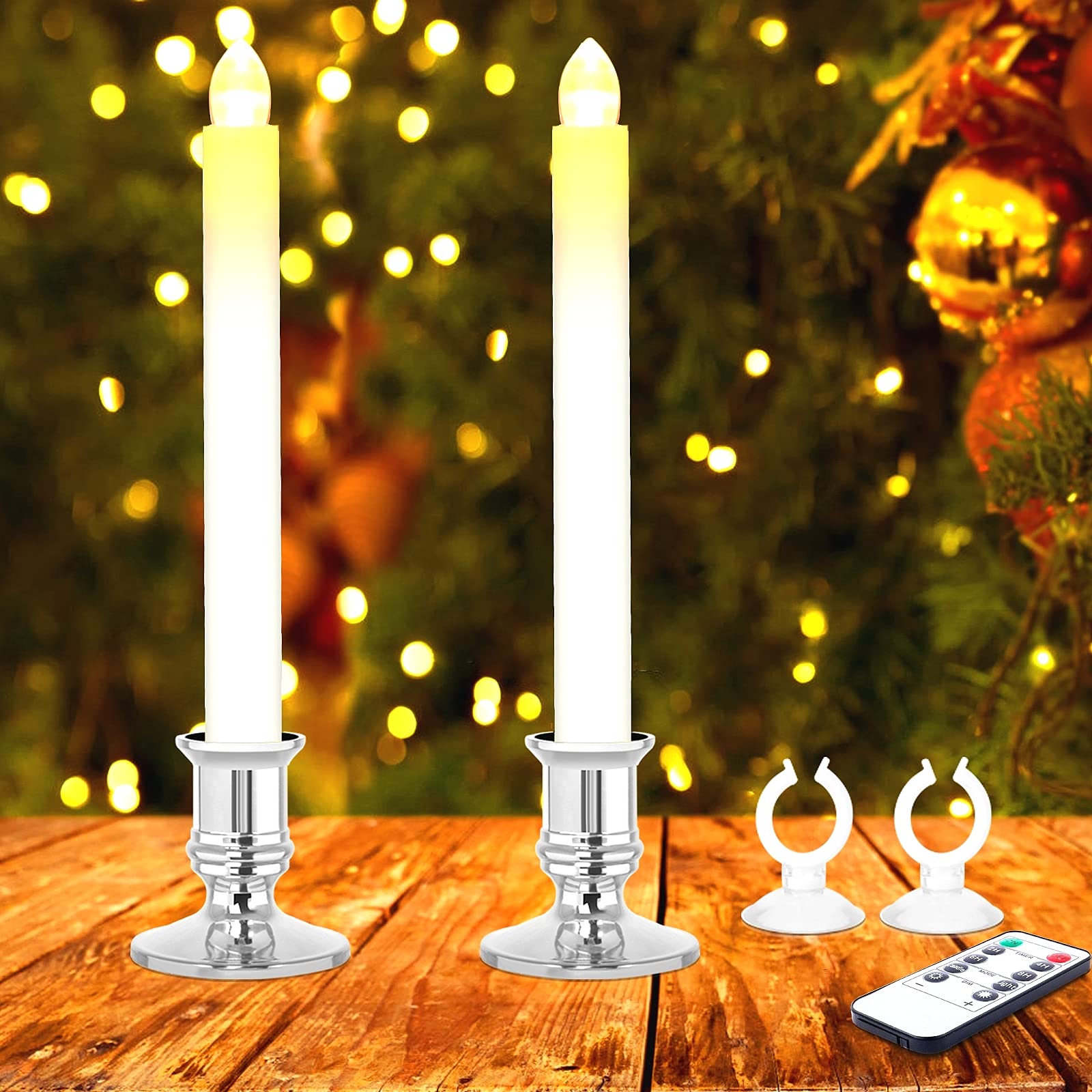 Window Candles 2 Pack Battery Operated Flameless Taper Candles Christmas Window Candles Light With Remote Control, Timer, Remova