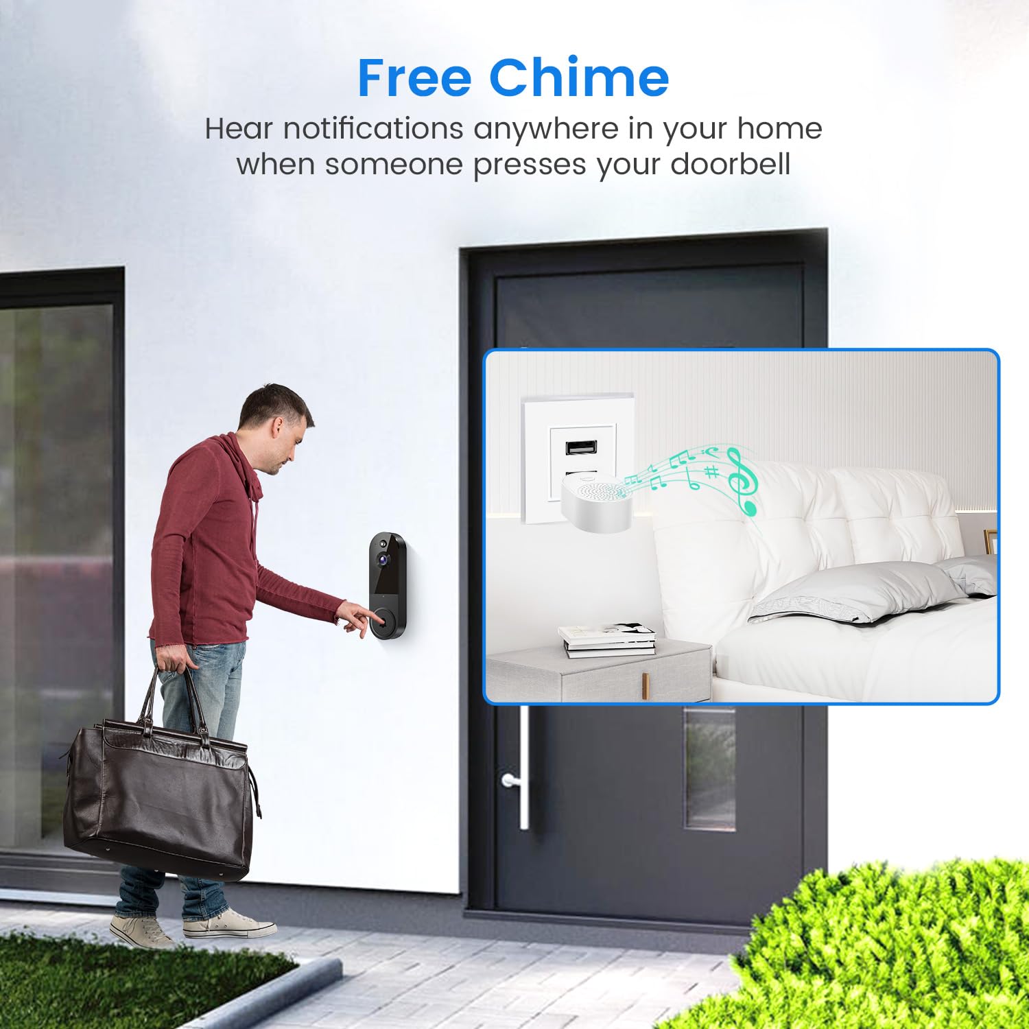 1080P Video Doorbell Camera Wireless, Cloud Storage, Live View, 2 Way Talk, Night Vision, Included Ring Chime, 2.4Ghz Wifi Only,