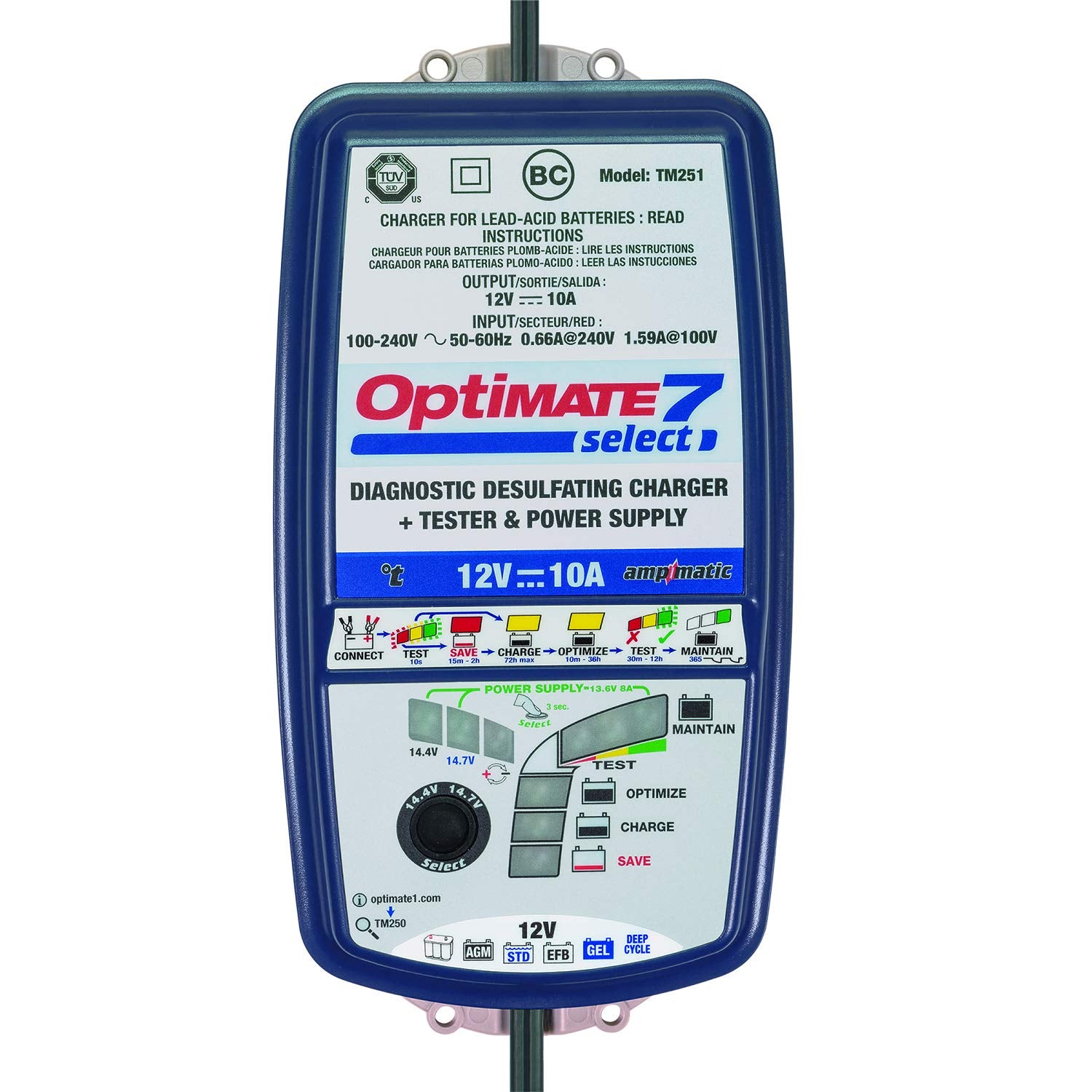 Optimate 7 Select, Tm 251, 9 Step 12V 10A Sealed Battery Saving Charger & Maintainer