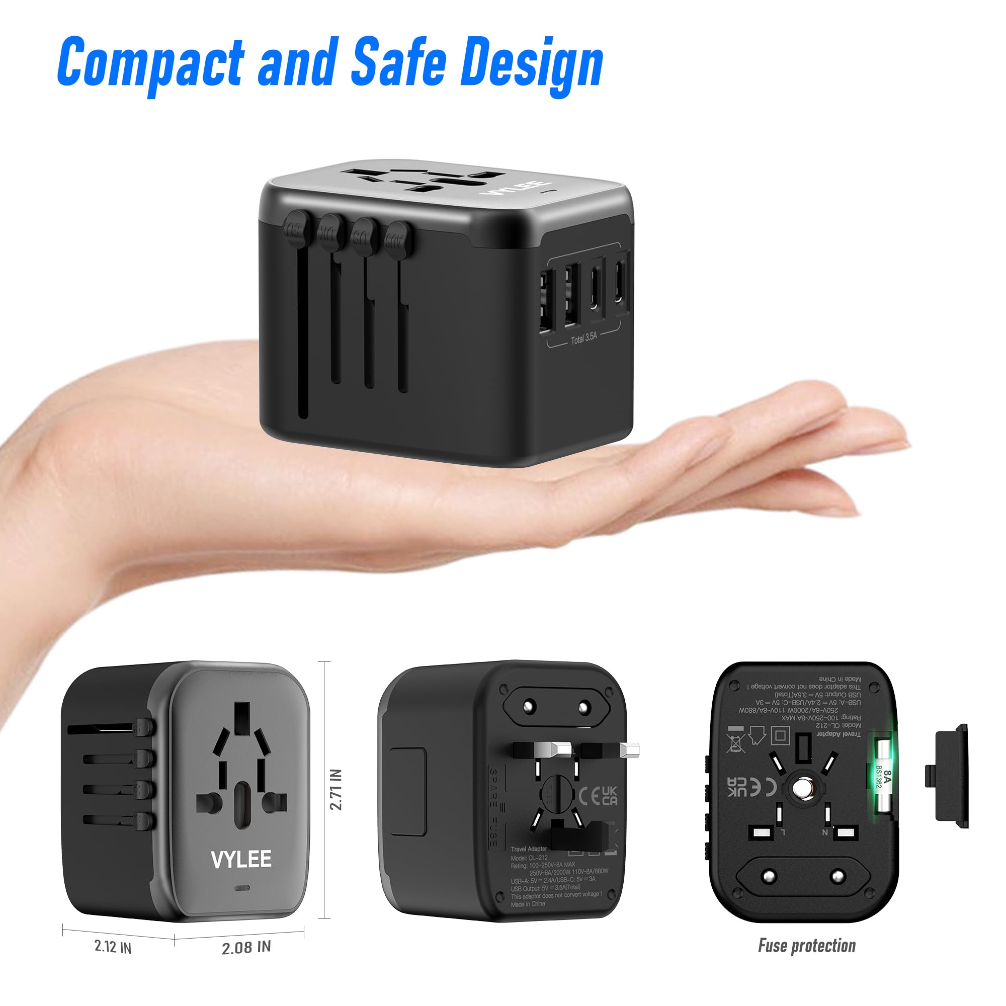 Vylee Universal International Power Travel Plug Adapter, 5 In 1 European Travel Plug Adapter W/ 3.5A 2Xusb A And 2Xusb C Wall Ch
