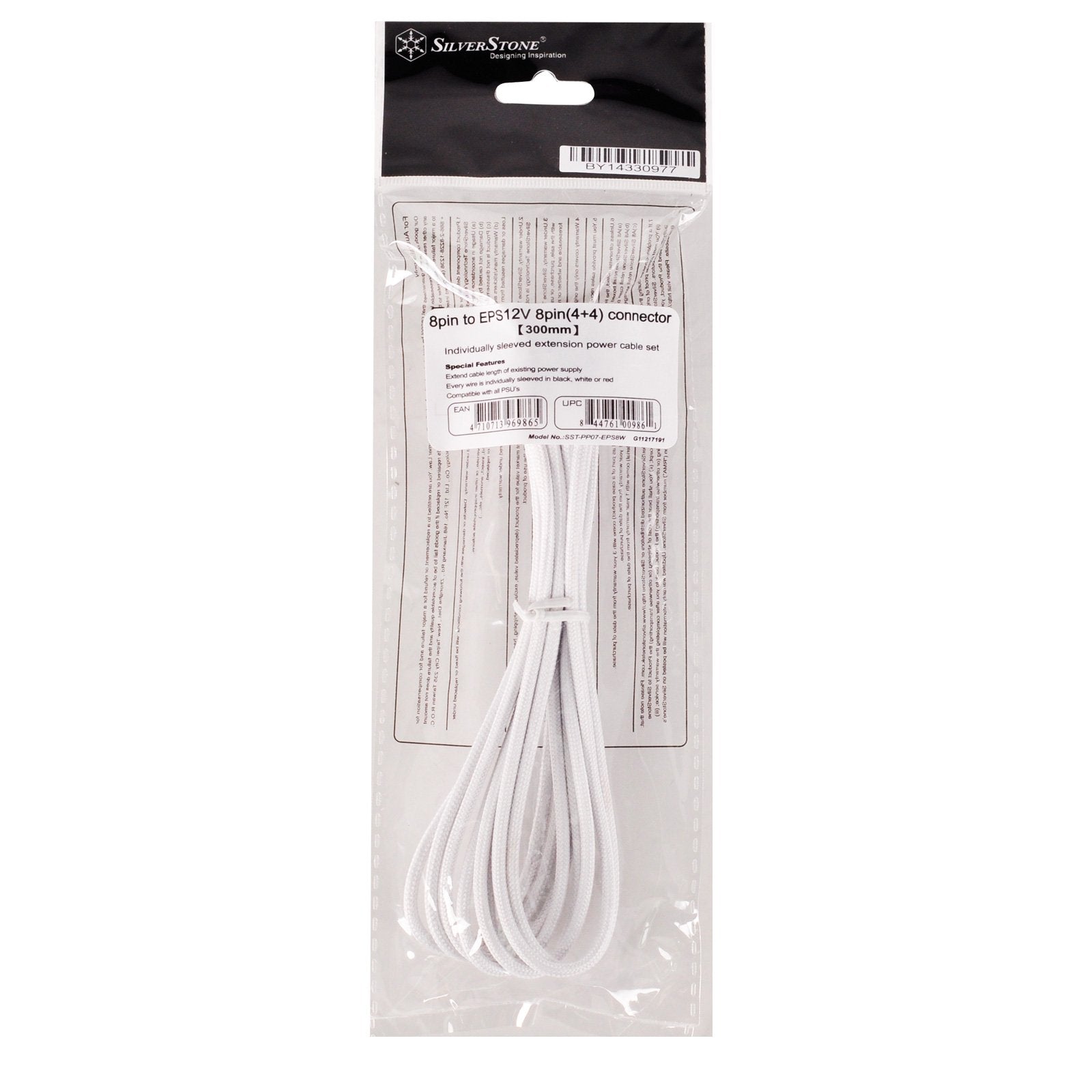SilverStone Sleeved Extension Power Supply Cable 1x 8-Pin to EPS12V 8-Pin PP07-EPS8W White 300mm