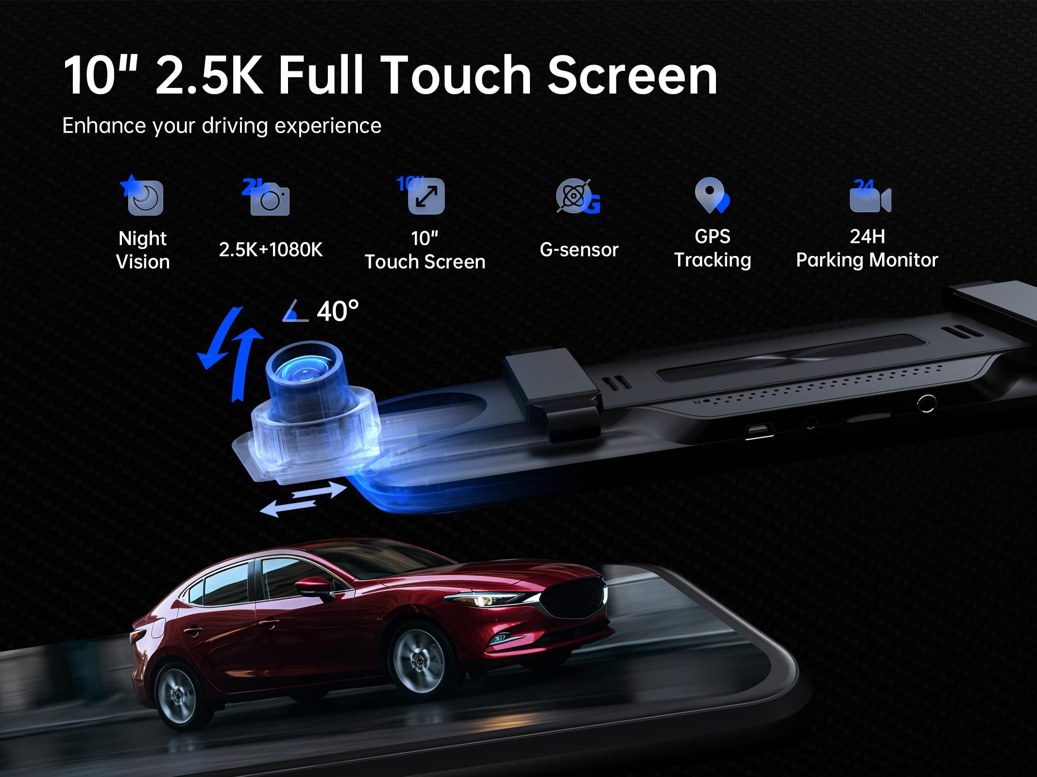 Pelsee P10 2.5K Rear View Mirror Camera, 10'' Mirror Dash Cam Smart Driving Assistant W/Adas And Bsd, Front And Rear Camera For