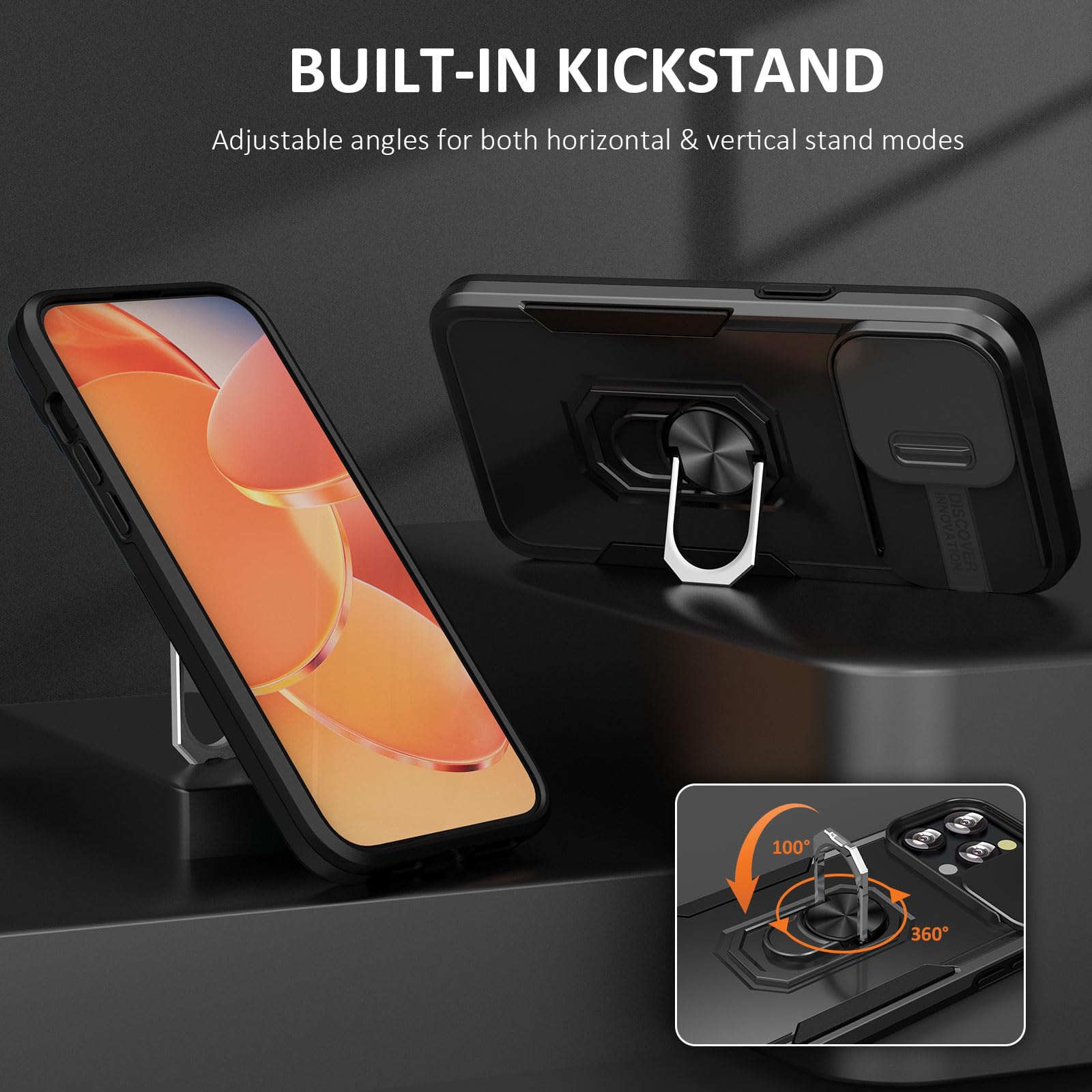 Sefing Case For Iphone 15 Pro Max Phone Case Iphone 15 Pro Max Case With Slide Camera Cover, With Finger Ring Holder Stand, Fit