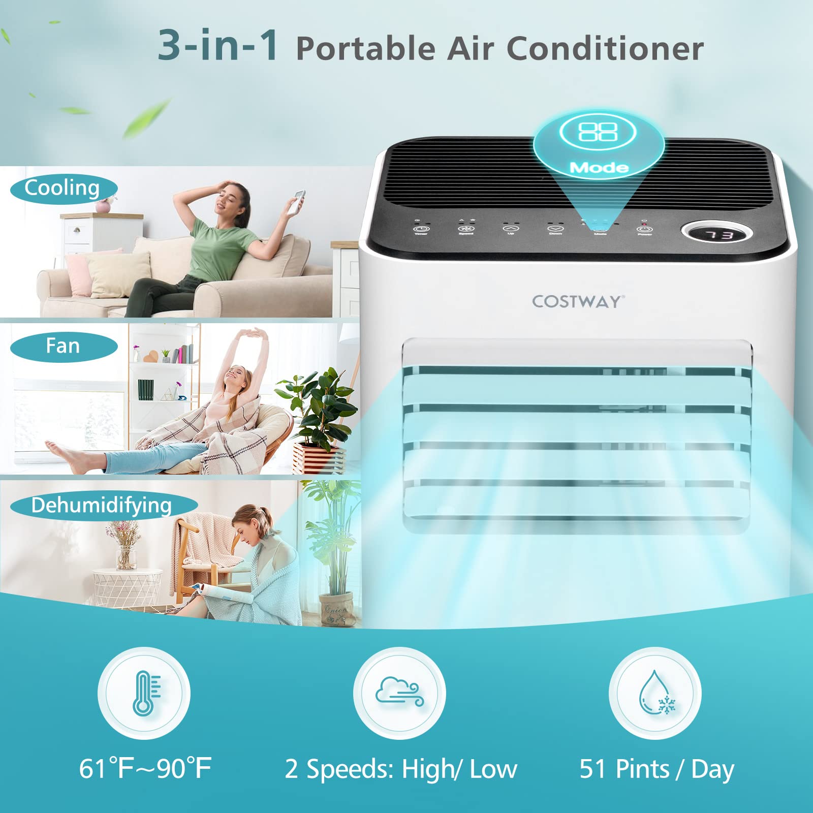 Costway 10000 Btu Portable Air Conditioner, With Fan & Dehumidifier Mode, Quiet Ac Unit With Sleep Mode, 2 Speeds, 24H Timer, Led Display, Remote Control, Cool Rooms Up To 350 Sq.Ft For Bedroom, Dorms
