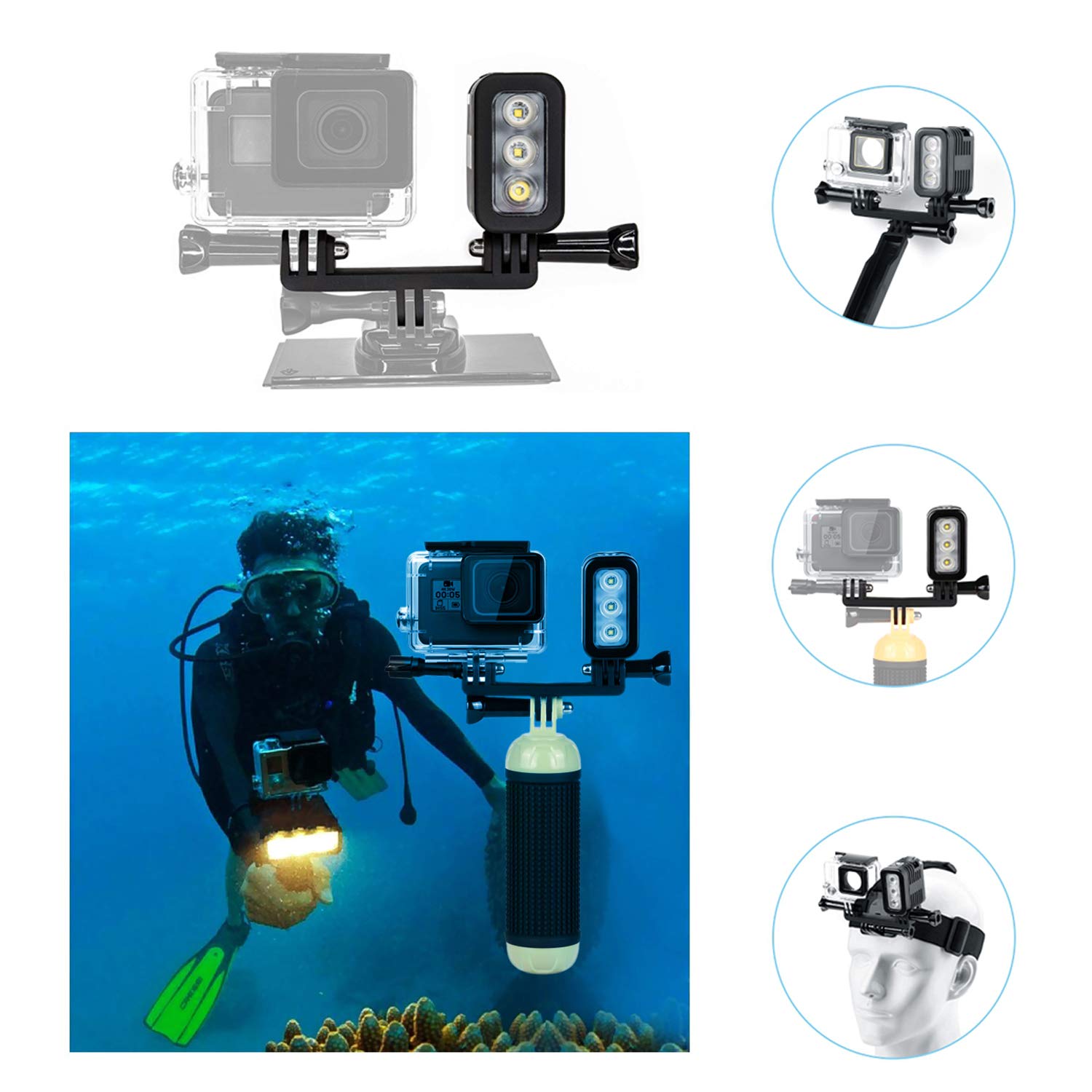 Hongdak Waterproof Dive Light For Gopro Underwater 147Ft(45M) Photography Accessories For Gopro Hero 12 11Mini 11 10 9 8 7 6 5 4