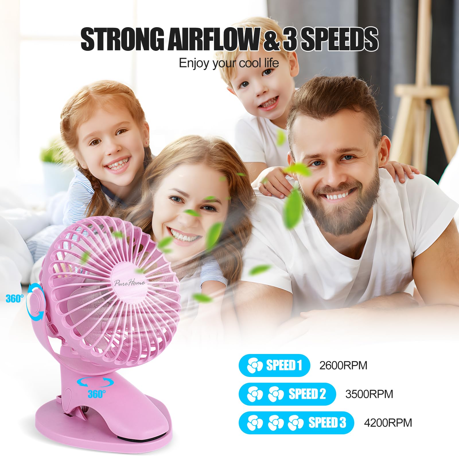 Portable Clip Fan Battery Operated,3 Speeds Usb Rechargeable Mini Table Fan With Strong Airflow,360Rotation Ultra Quiet Personal