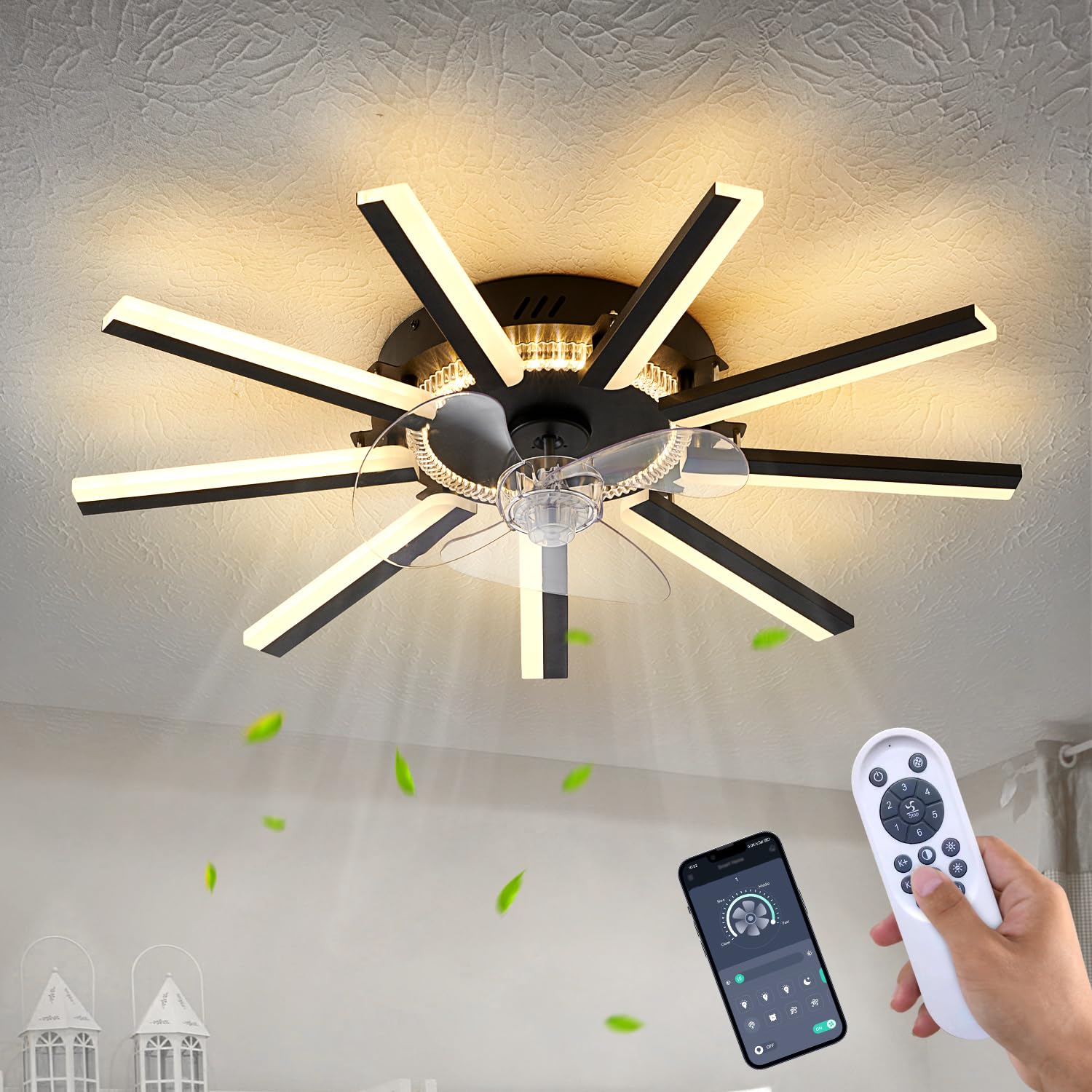 HuixuTe 27 Ceiling Fan with Lights Remote Control, 3 Colors 6 Speeds Personalized Fashion Geometric Ceiling Fan, Black Low Profi