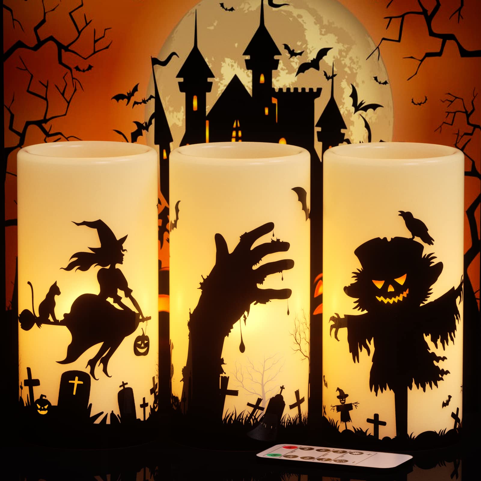 Genswin Halloween Flameless Flickering Candles With Witch, Scarecrow, Hand Decals With Remote Timer, Battery Operated Real Wax H