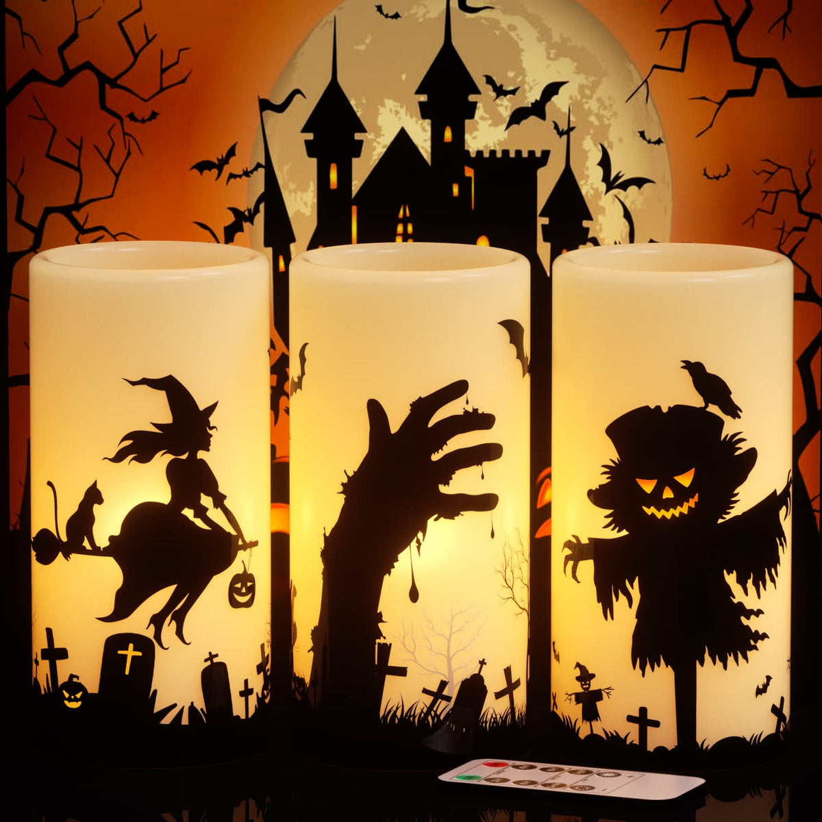Lasumora Halloween Flameless Candles With Remote Timer, Scarecrow Raven And Flying Witch Decals Set Of 3, Battery Operated Hallo