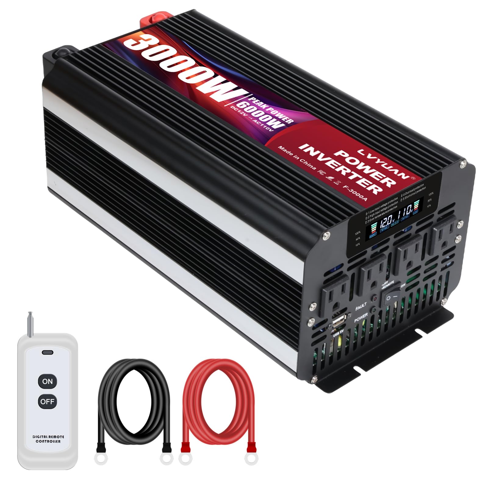 LVYUAN 3000 Watt Power Inverter 12V to 110V 120V DC to AC with 4 AC Outlets, LCD Display, USB Port & Remote Control for Home, RV