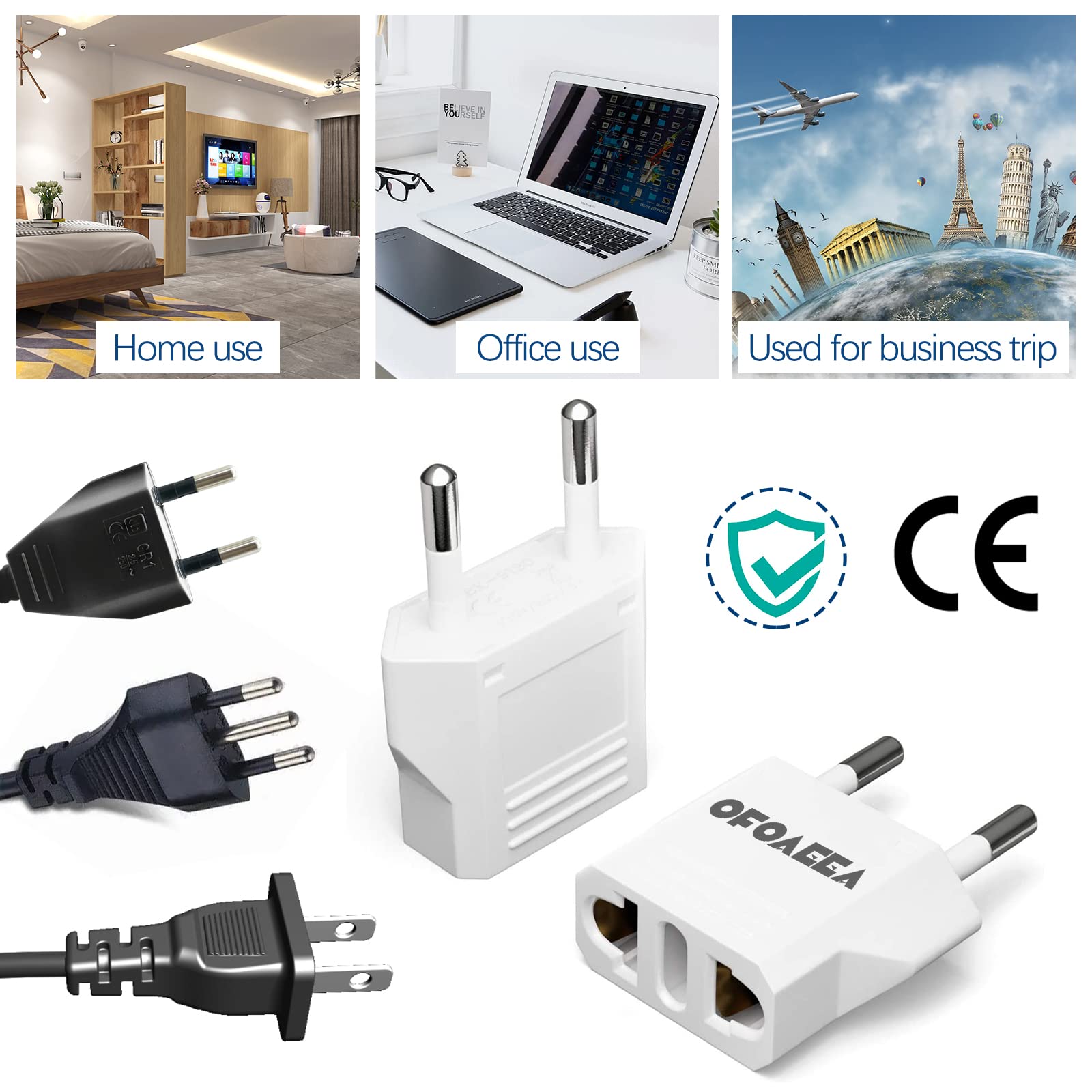 European Plug Adapter, Ofoaeea 6 Pack Us To Europe Plug Adapter, Adapter For Europe Plug, Type C/F Plug Adapter, America To Euro