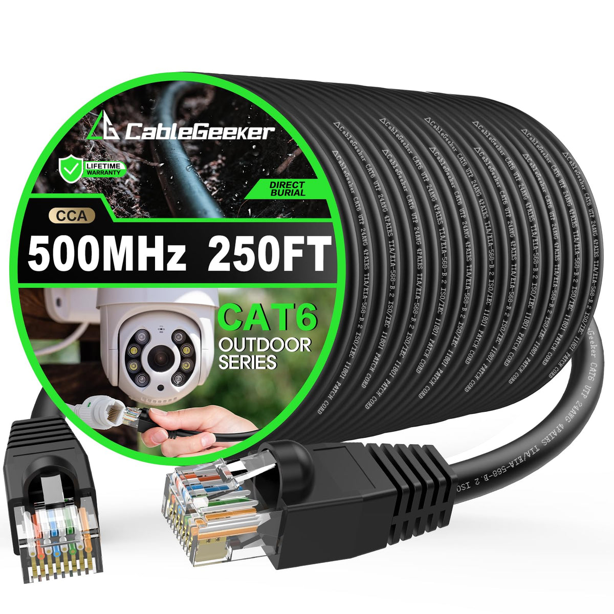 CableGeeker Cat6 Outdoor Ethernet Cable 250 ft CCA Copper Clad, Heavy Duty Internet Network Cable, Direct Burial, Waterproof, In-Ground, POE, UV Jacket, 24AWG Cat 6 RJ45 Patch Cable - 250ft, Black