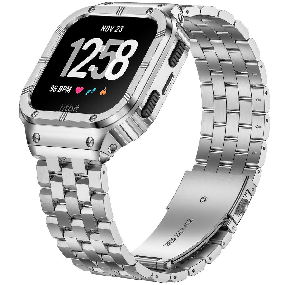 Suplink Stainless Steel Case And Band Compatible With Fitbit Versa 2 Bands/Versa/Versa 3/Fitbit Versa 4 Bands Men,Rugged Cover S