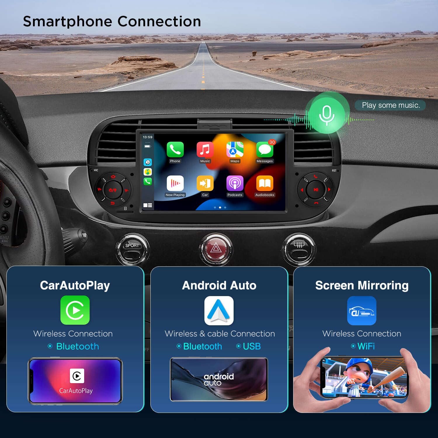 Xtrons For Fiat 500 (2007 2015) Touch Screen Radio, 7 Inch Android 13 Car Stereo For Fiat 500 Replacement Head Unit Built In Dsp