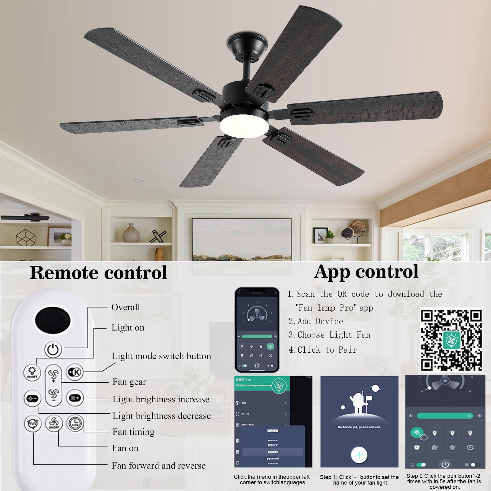 56Inch Ceiling Fans With Lights And Remote/App Control, Dimmable Led, Reversible Dc Motor, Noiseless, 6 Double Side Blades, Mode