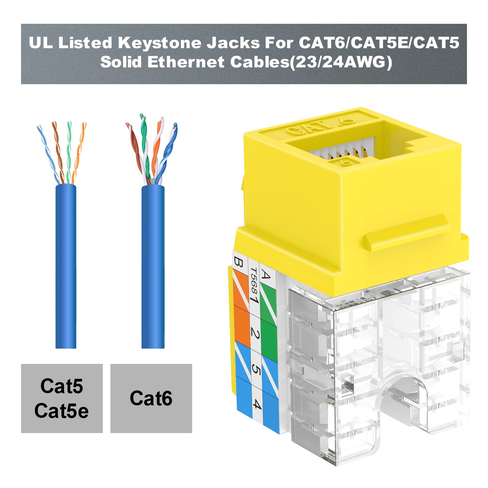 VCELINK RJ45 Cat6 Keystone Jacks Slim Profile 90-Degree UL-Listed 10-Pack Yellow