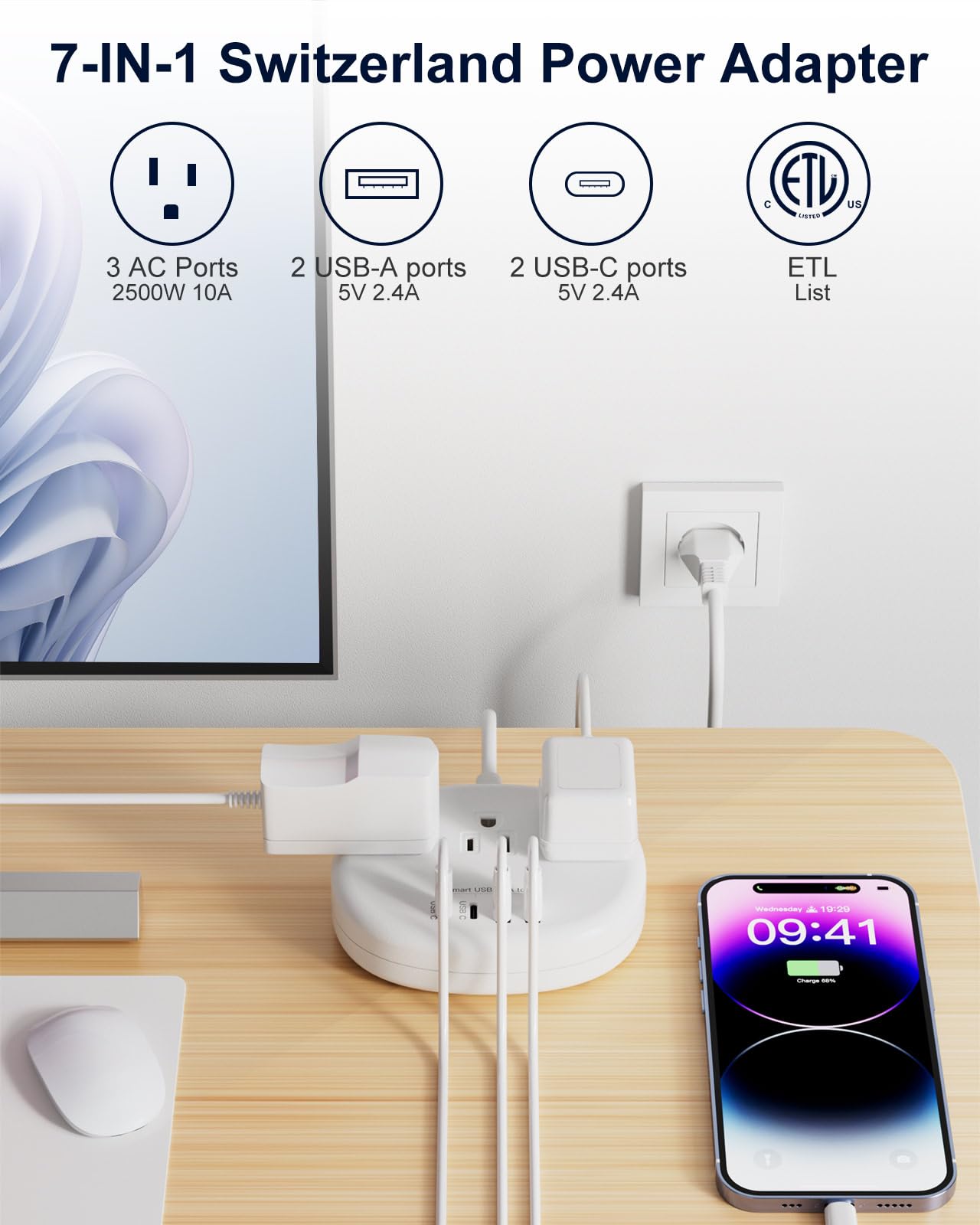 Switzerland Power Adapter, Switzerland Travel Plug Adapter With 3 American Outlets 4 Usb Ports (2 Usb C) Total 24W, Type J Adapt