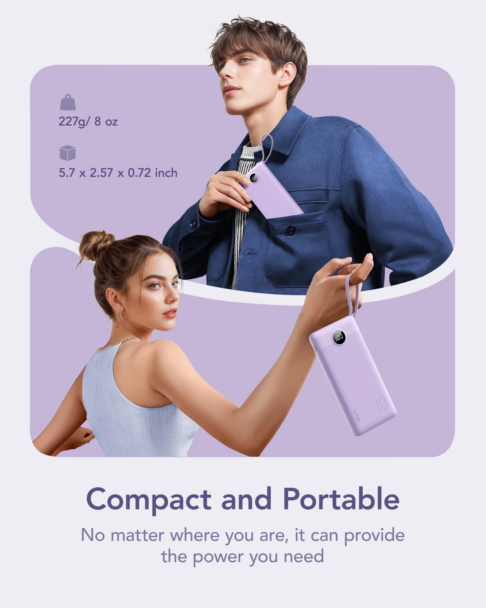 Vrurc Portable Charger Power Bank, 10000Mah Travel Essentials Battery Pack, 5 Outputs 2 Inputs Slim Charging Bank Built-In Cable