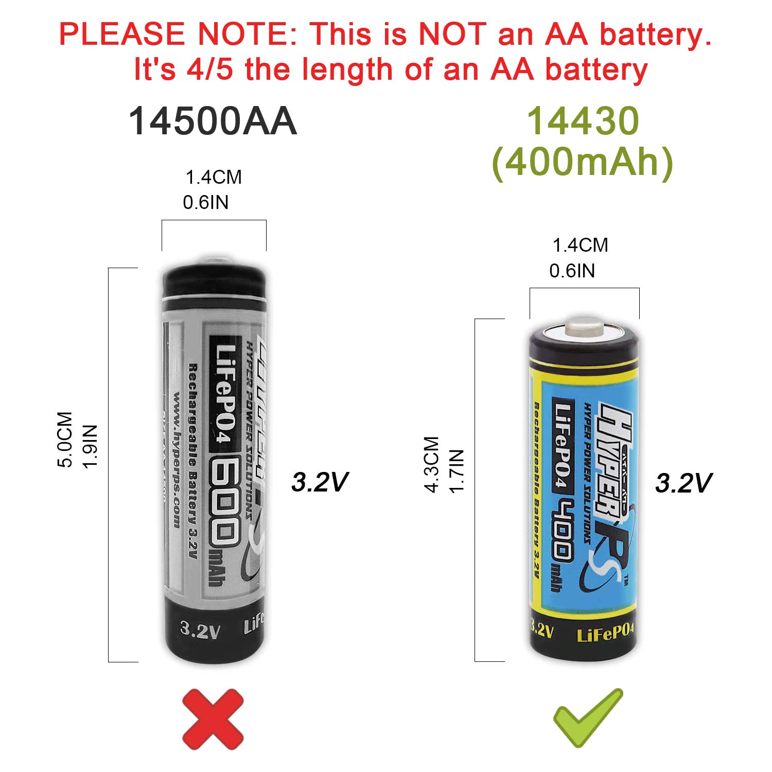 (16 Pack) Hyperps 3.2V Lifepo4 14430 (14 X 43Mm) 400Mah Rechargeable Battery For Solar Panel Light, Tooth Brush, Shaver, Flashli