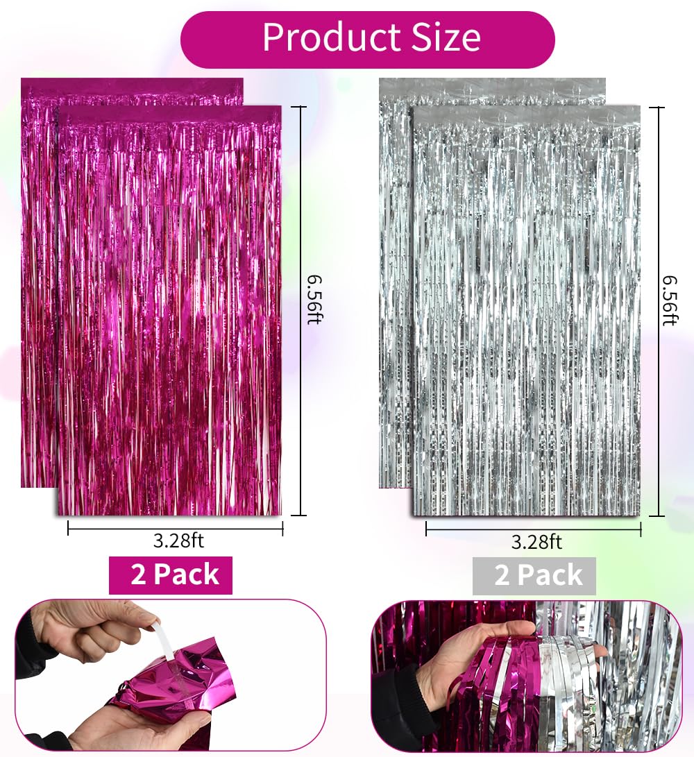Beishida 4 Pcs Hot Pink Silver Door Streamers Curtain Party Streamers Backdrop Pink Party Hot Pink Wall Background For Party Dec